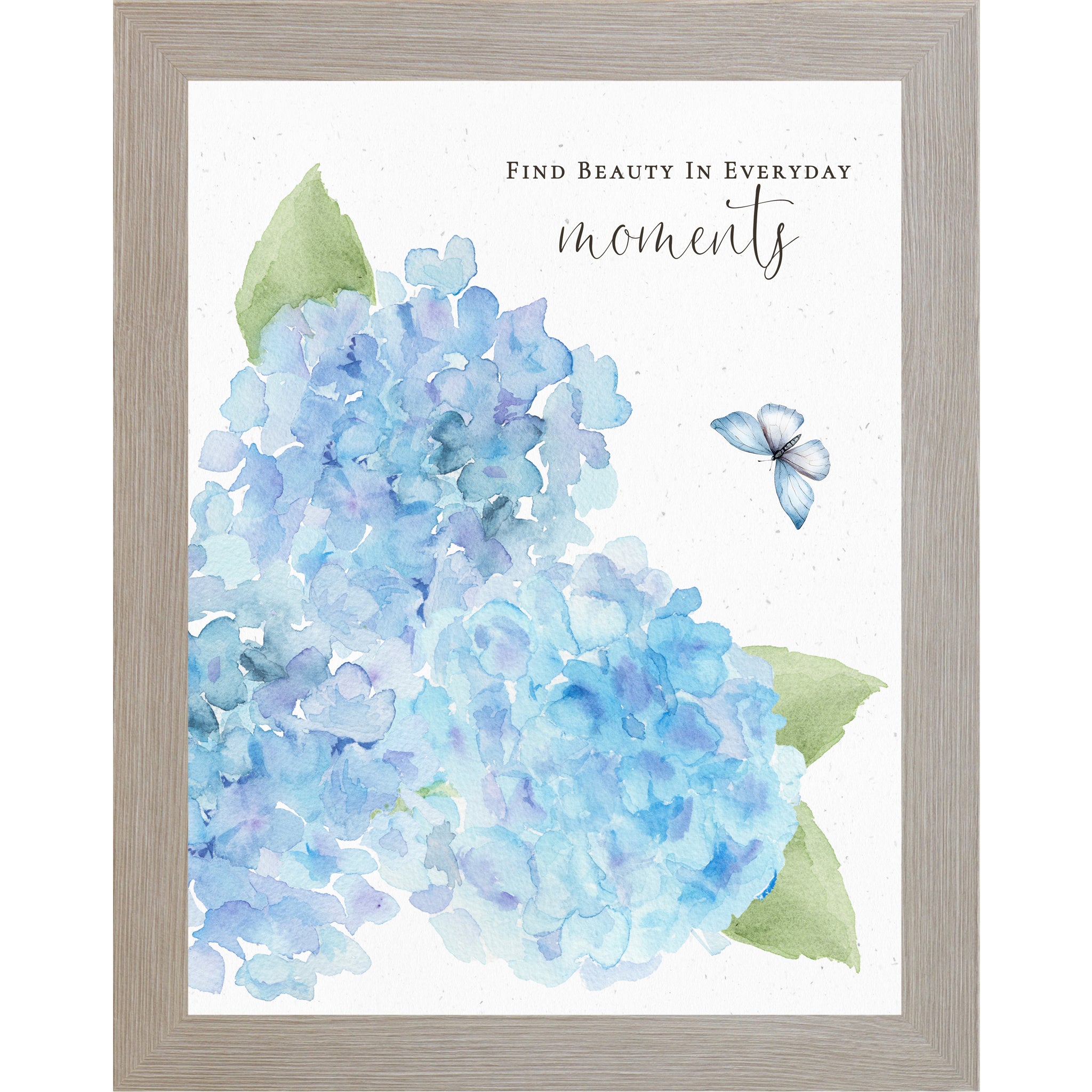 Monte Carlo Vertical blue hydrangea watercolor wall art with three large blooms, green leaves, butterfly, and quote Find Beauty in Everyday Moments.