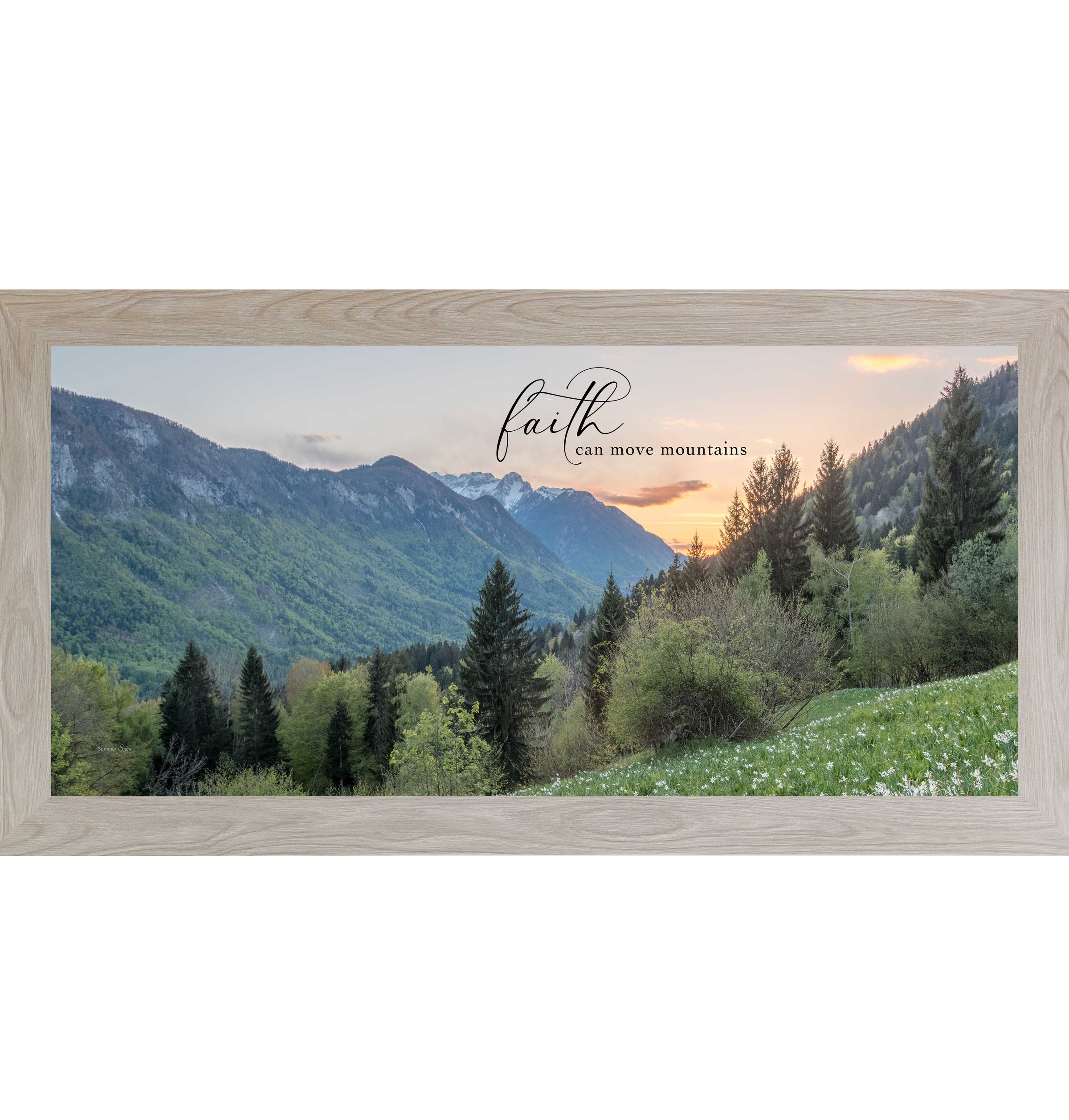 Monte Carlo framed wide landscape inspirational wall art featuring mountain valley at sunrise with summer trees and wildflowers and the quote "Faith Can Move Mountains"