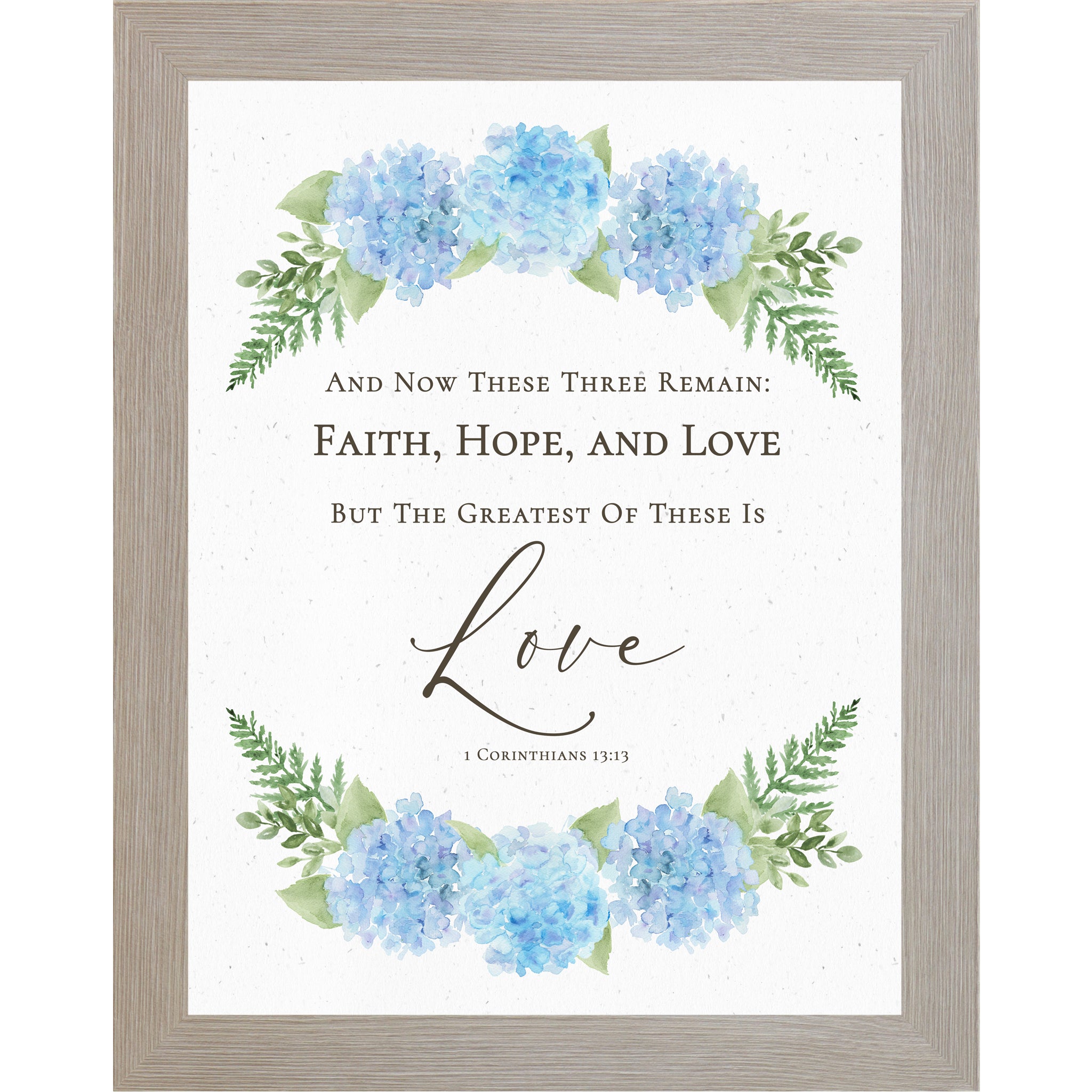 Monte Carlo Vertical hydrangea scripture wall art with blue floral arrangements and greenery featuring 1 Corinthians 13:13 Faith Hope Love verse.