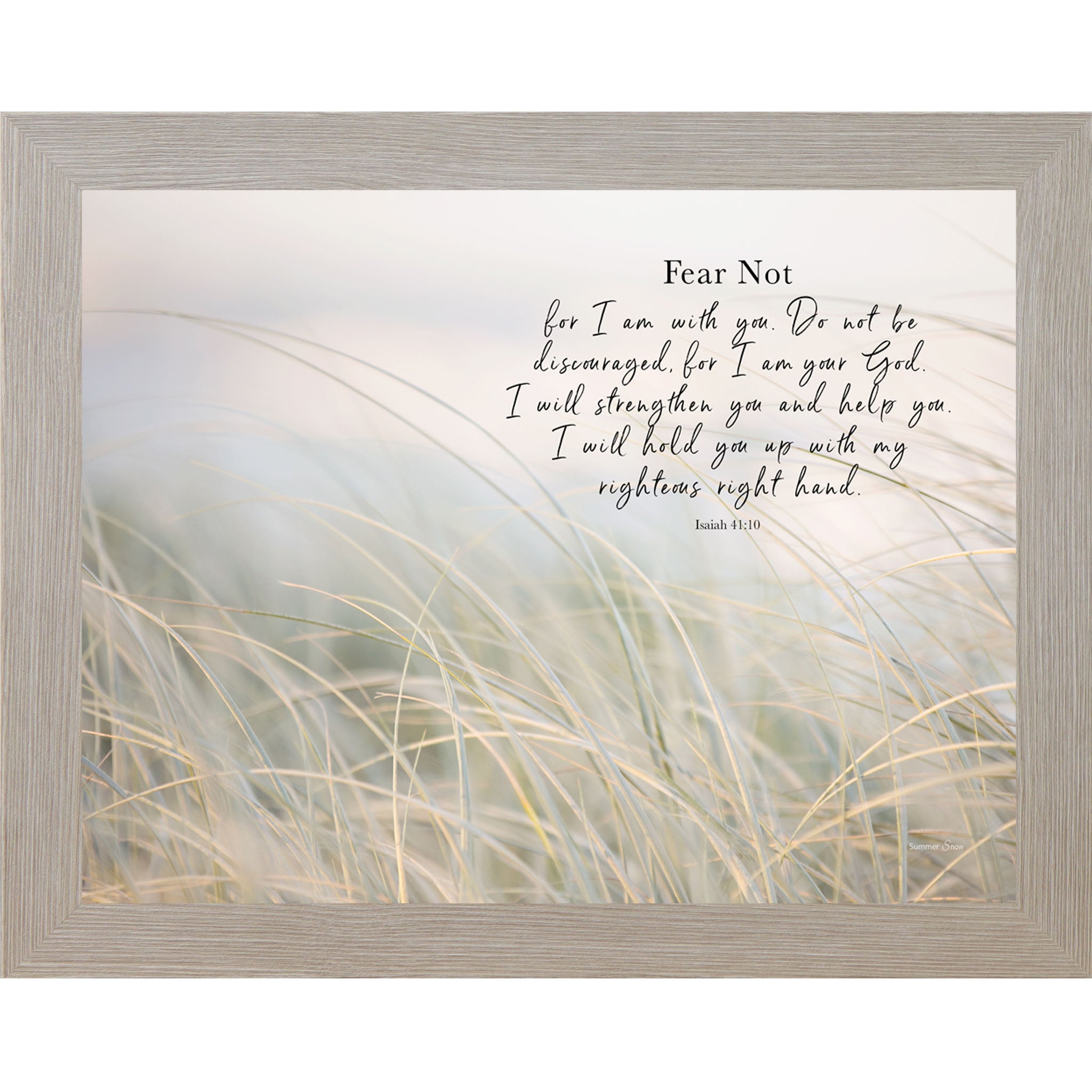 Monte Carlo framed landscape Christian scripture wall art with bokeh coastal tall grasses in morning mist and the words "Fear Not For I Am With You I Will Strengthen You Isaiah 41:10"