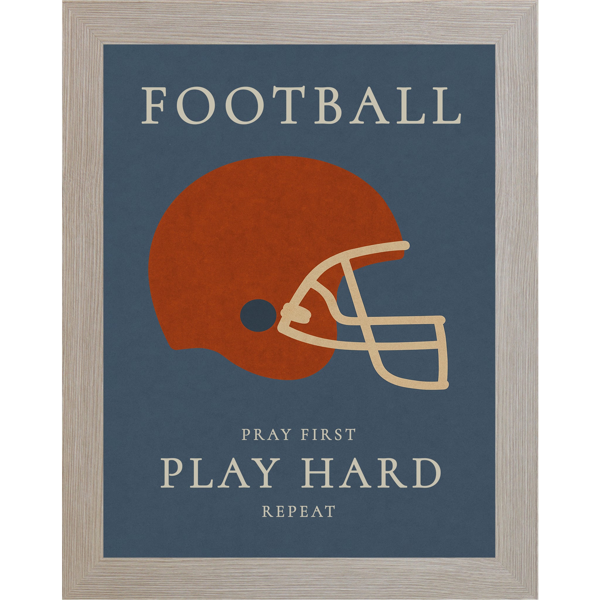 Monte Carlo color frame Christian football wall art featuring a football helmet with the phrase Pray First Play Hard Repeat on a blue background