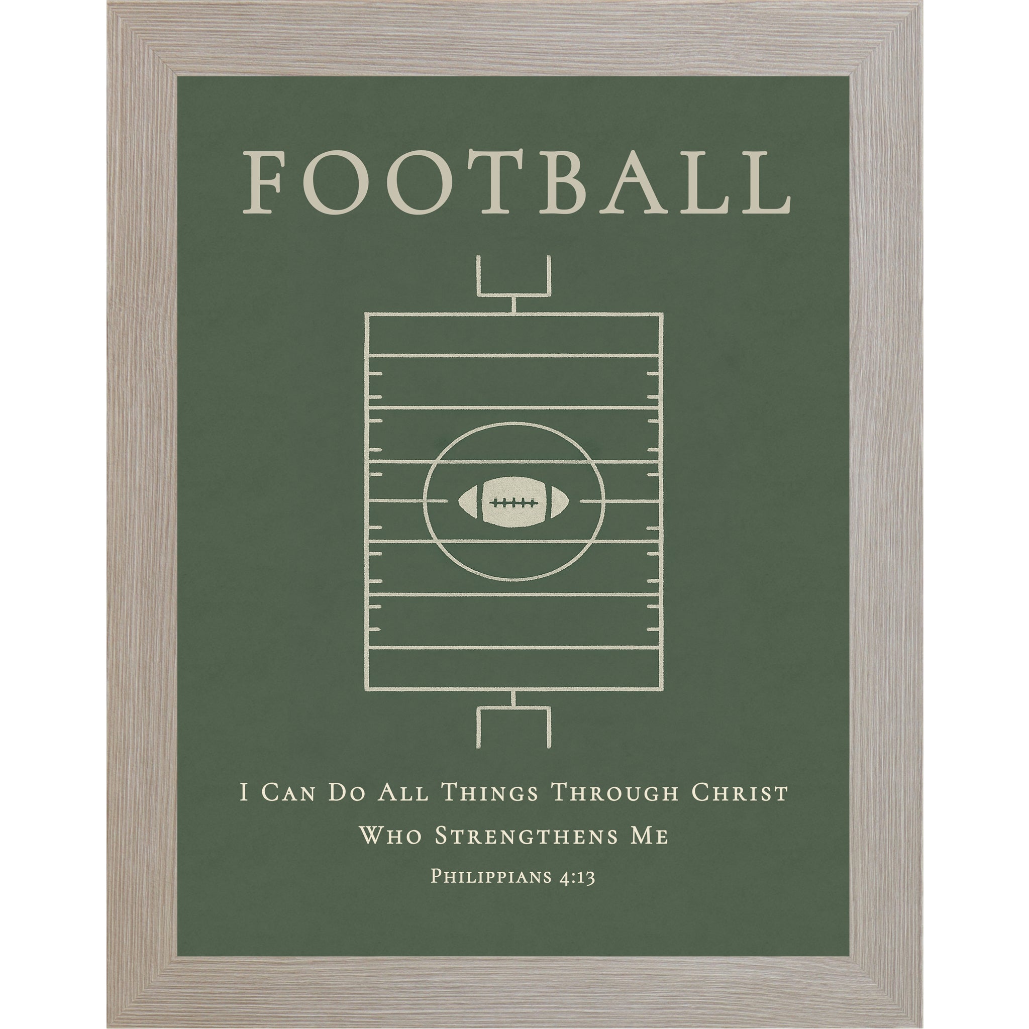 Monte Carlo colored frame of a Christian football wall art featuring a minimalist football field design and Philippians 4:13 scripture on a green background