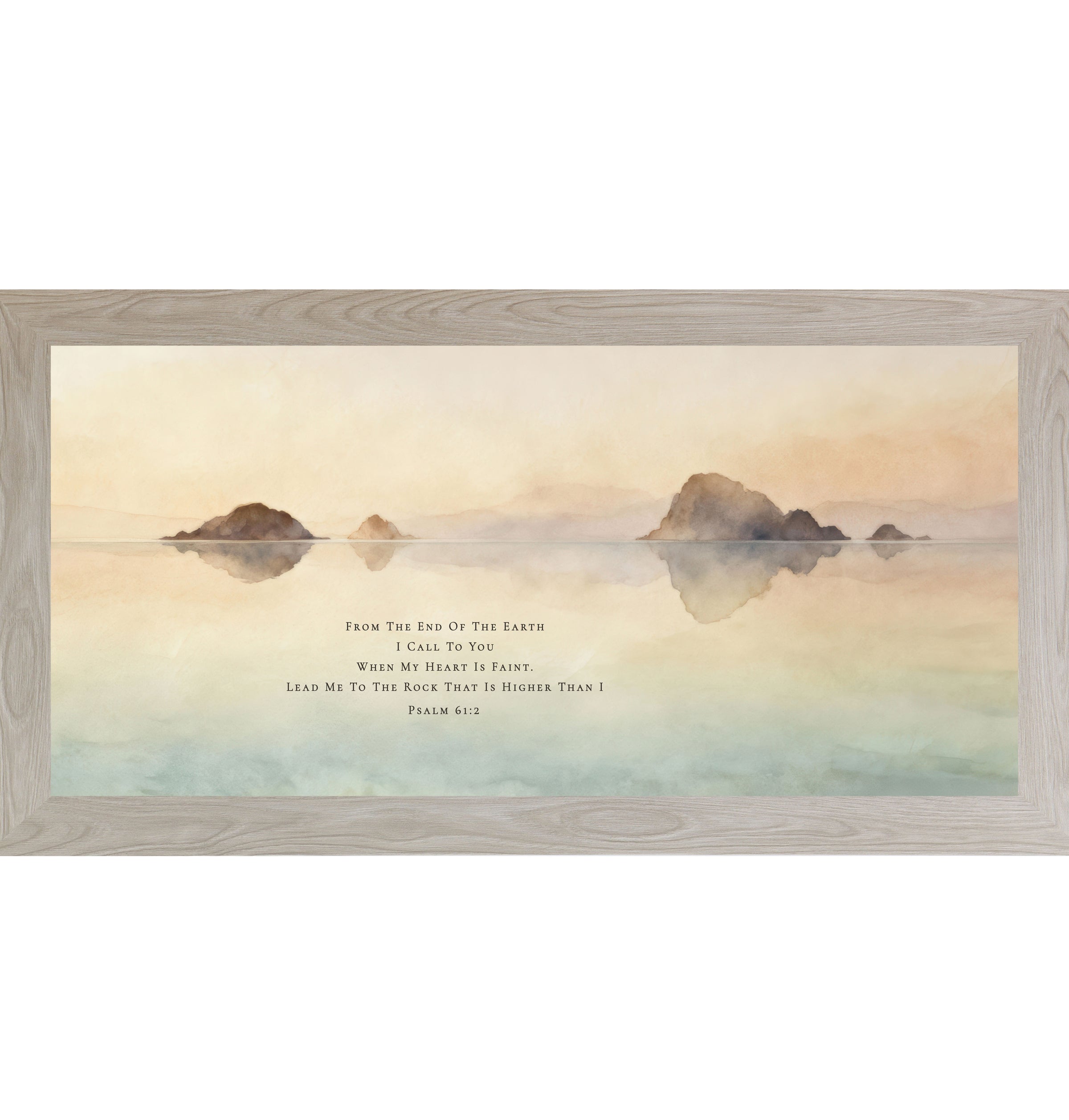 Framed Christian lake wall art featuring calm water reflections with Psalm 61:2 scripture in a wide horizontal watercolor landscape.