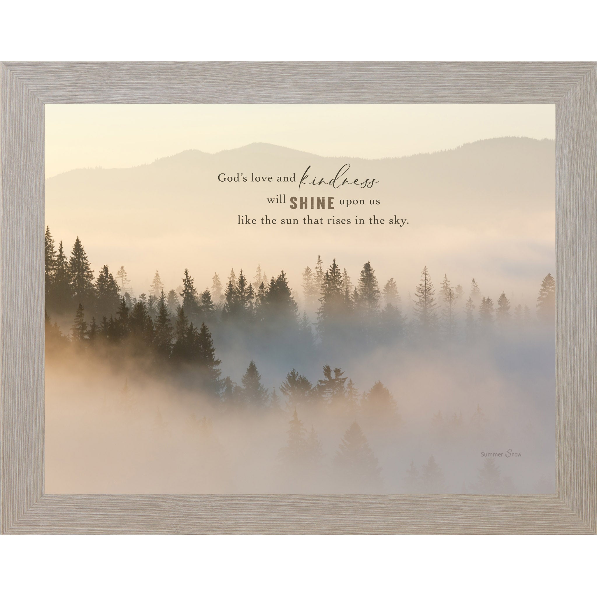 Christian mountain wall art in horizontal format featuring misty evergreen forest at sunrise with inspirational quote about God’s love and kindness shining like the rising sun.
