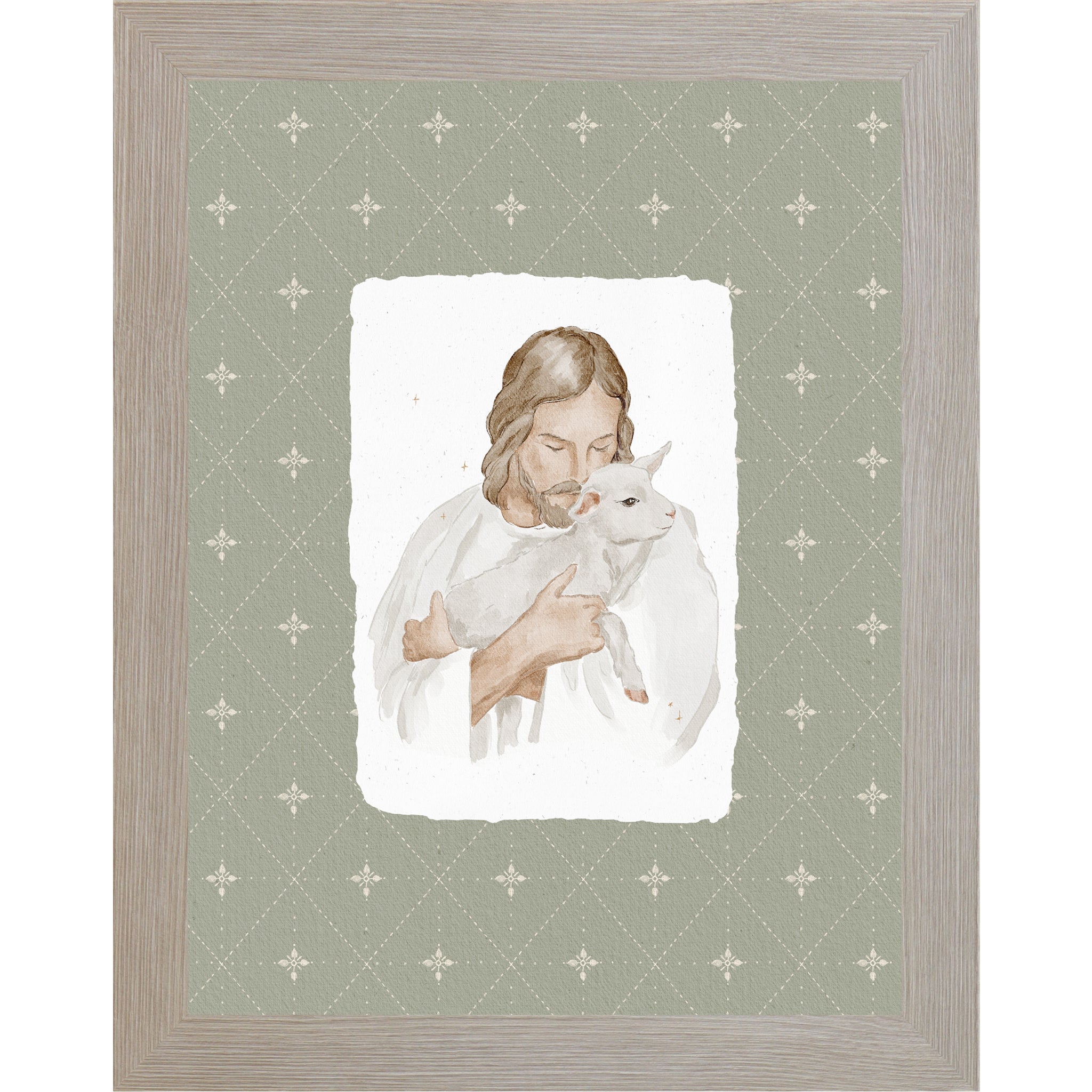 Vertical Good Shepherd wall art featuring Christ holding a lamb on a sage patterned background in a framed faith decor design.