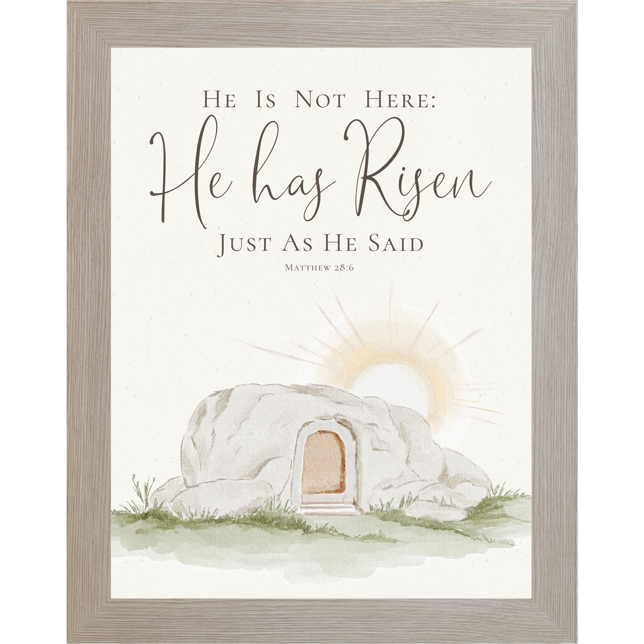 Vertical He Has Risen wall art featuring Matthew 28:6 scripture above a watercolor empty tomb at sunrise on a neutral background.