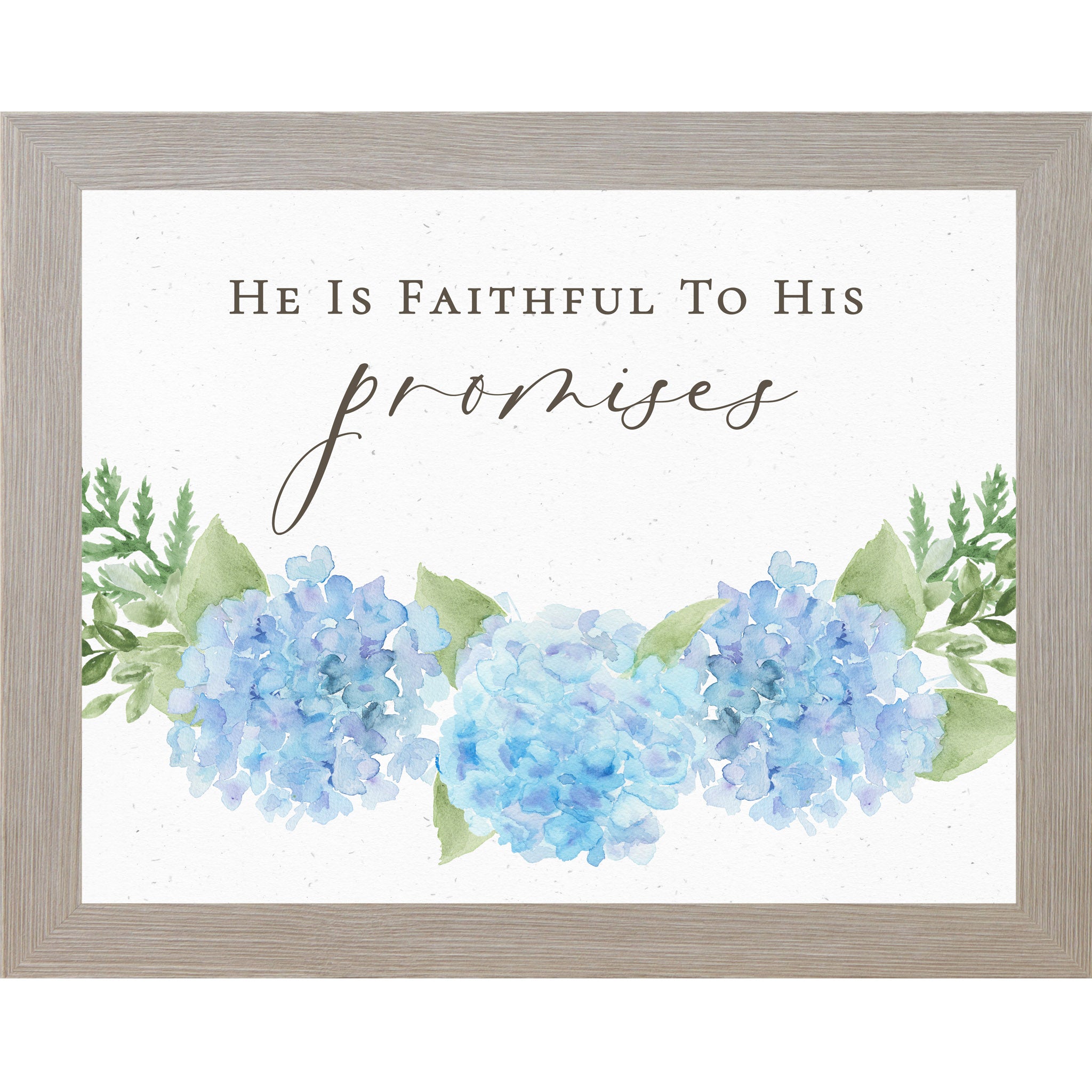 Monte Carlo Horizontal hydrangea wall art with blue watercolor blooms and quote He Is Faithful to His Promises on neutral white background.