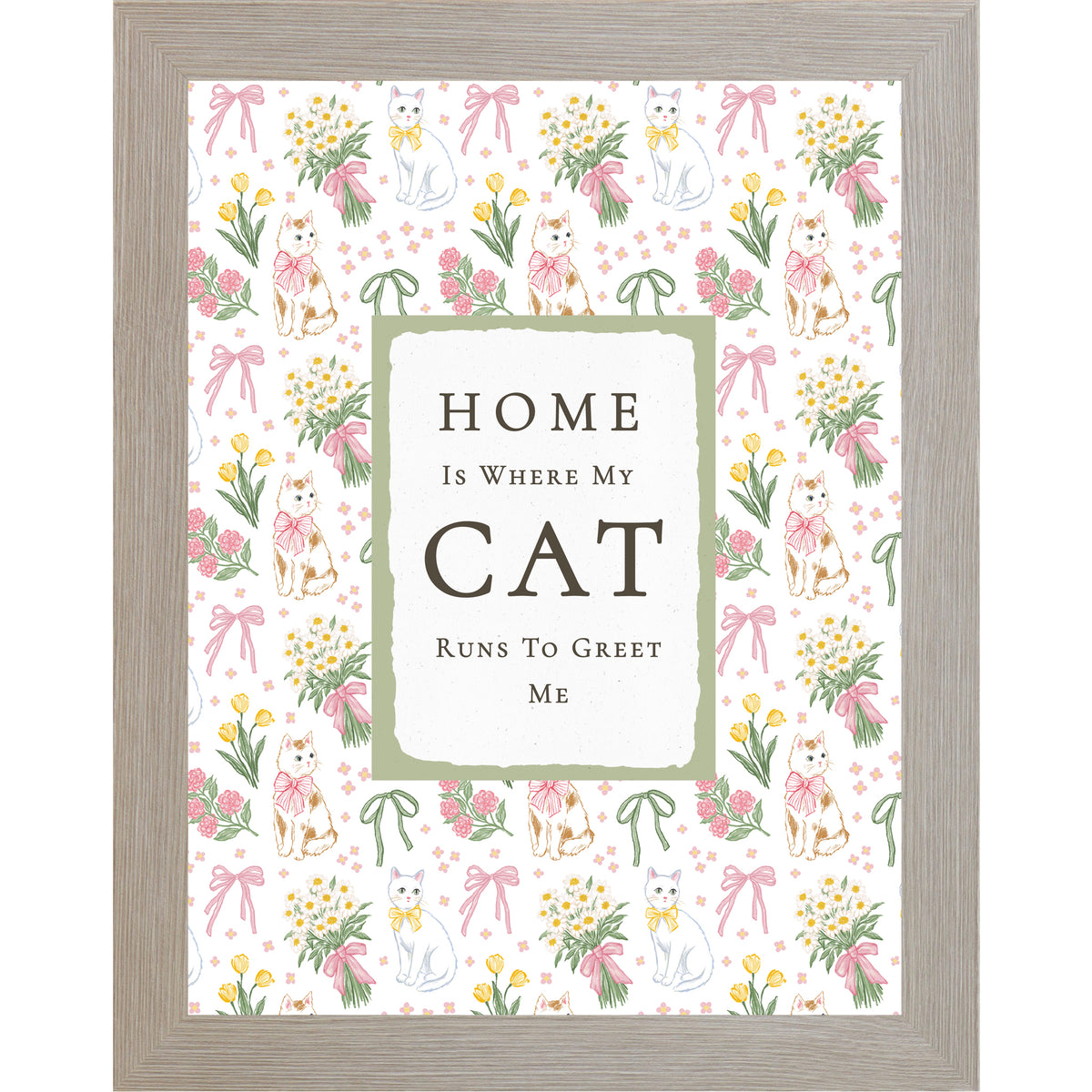 Monte Carlo Vertical cat lover wall art with pink floral bows and white and calico cats surrounding the phrase Home Is Where My Cat Runs To Greet Me on neutral background.