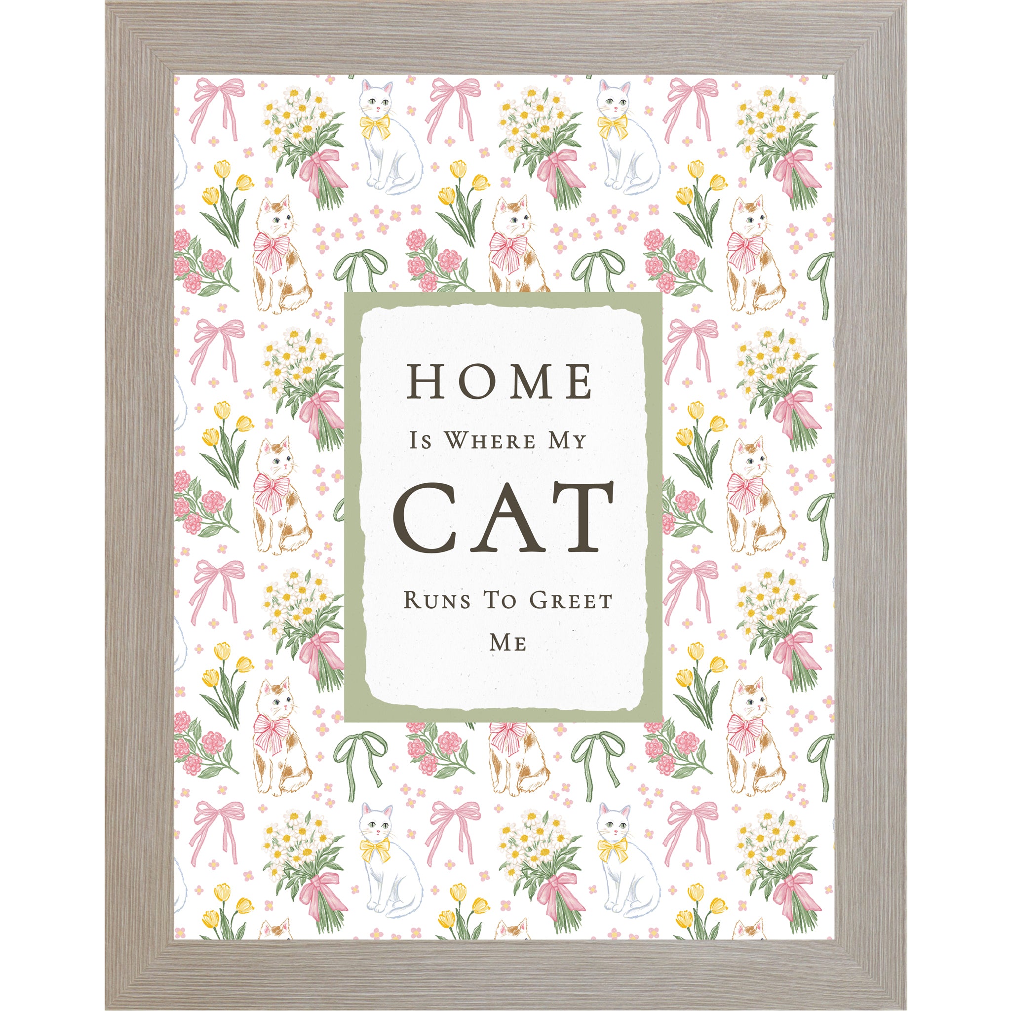 Monte Carlo Vertical cat lover wall art with pink floral bows and white and calico cats surrounding the phrase Home Is Where My Cat Runs To Greet Me on neutral background.