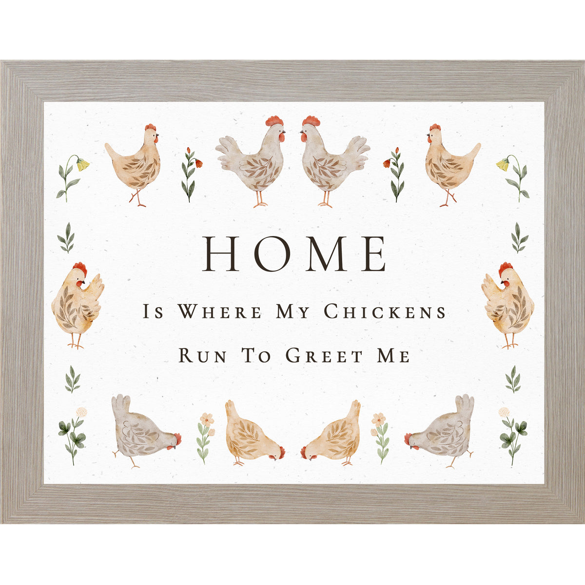 Farmhouse chicken wall art with watercolor hens and the quote Home is where my chickens run to greet me on a neutral background.