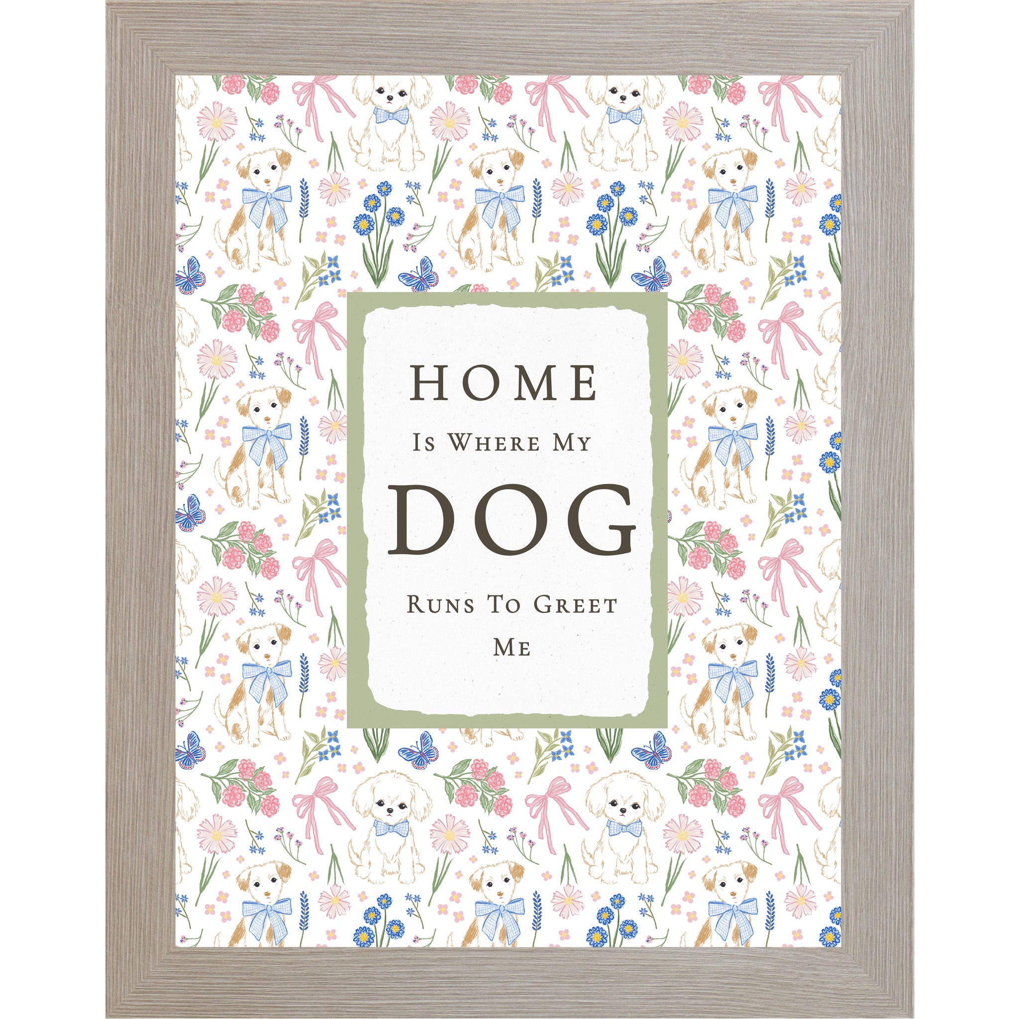Monte Carlo Vertical dog lover wall art with white and brown puppies, blue flowers, butterflies, and pink bows surrounding the phrase Home Is Where My Dog Runs To Greet Me.
