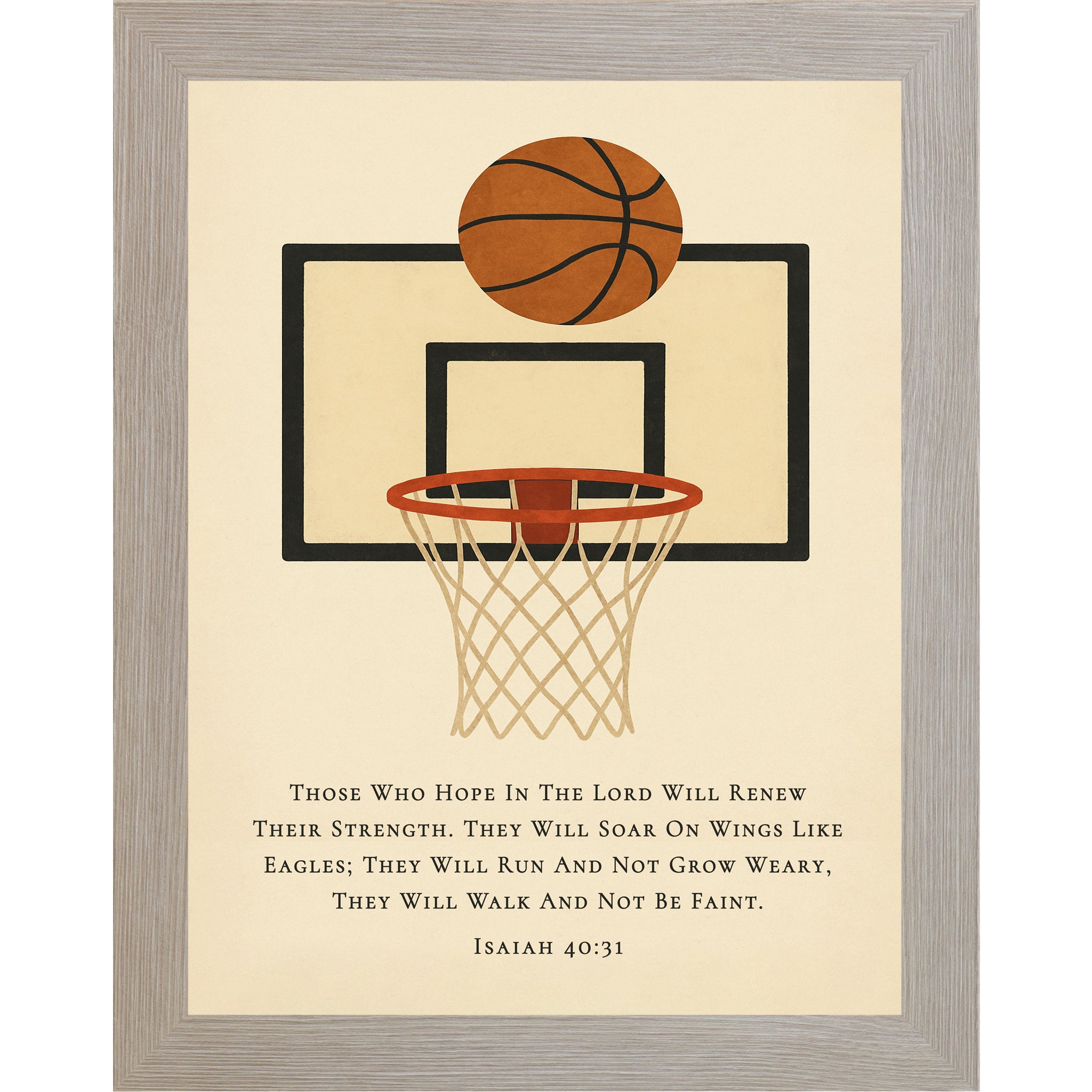 Monte Carlo color frame Christian basketball wall art featuring a basketball hoop illustration with the Bible verse Isaiah 40:31 on a neutral background.