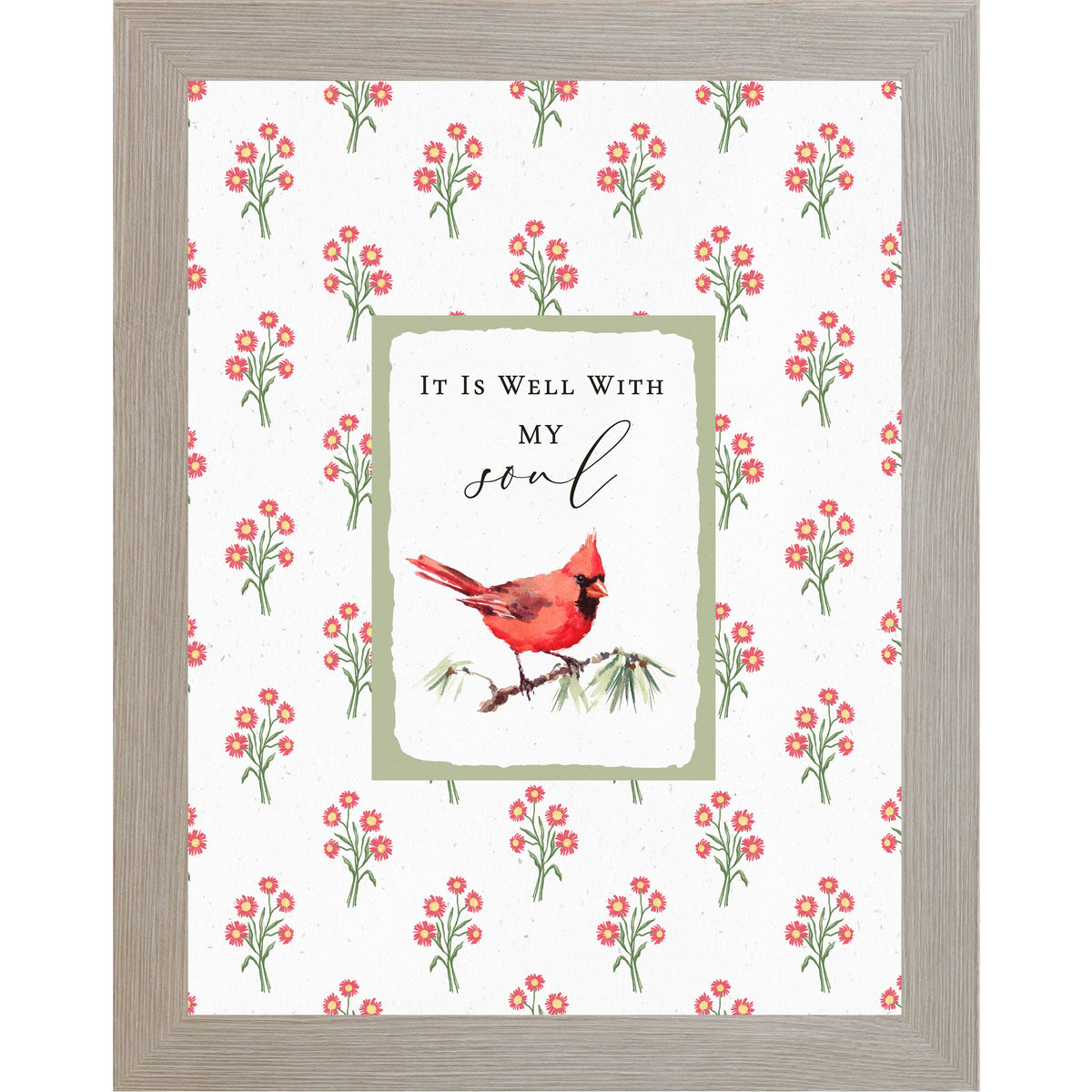 Christian floral wall art featuring a red cardinal perched on a branch with the phrase “It Is Well With My Soul” in a sage green framed center panel and red floral background.
