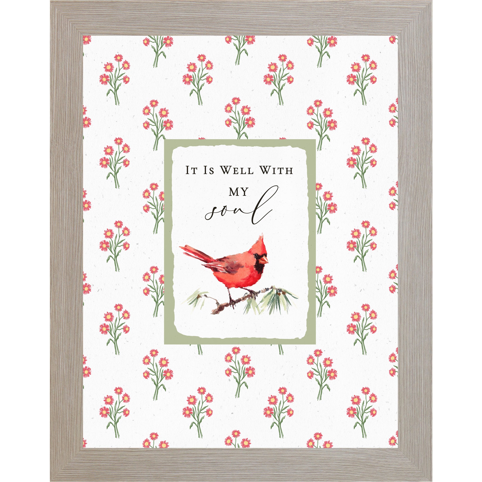 Christian floral wall art featuring a red cardinal perched on a branch with the phrase “It Is Well With My Soul” in a sage green framed center panel and red floral background.