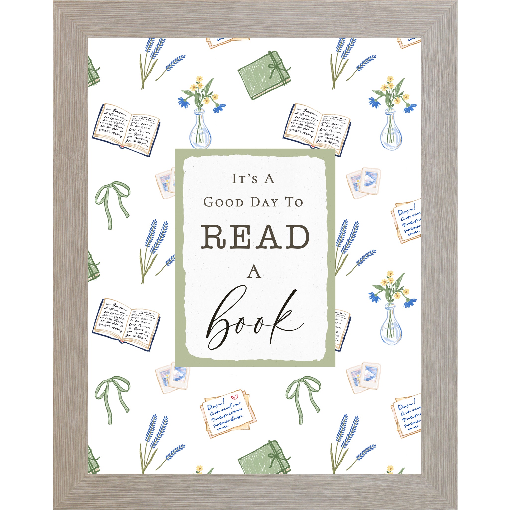 Reading nook wall art featuring the phrase “It’s A Good Day To Read A Book” with floral, book, and bow illustrations on a neutral background in a vertical framed design.