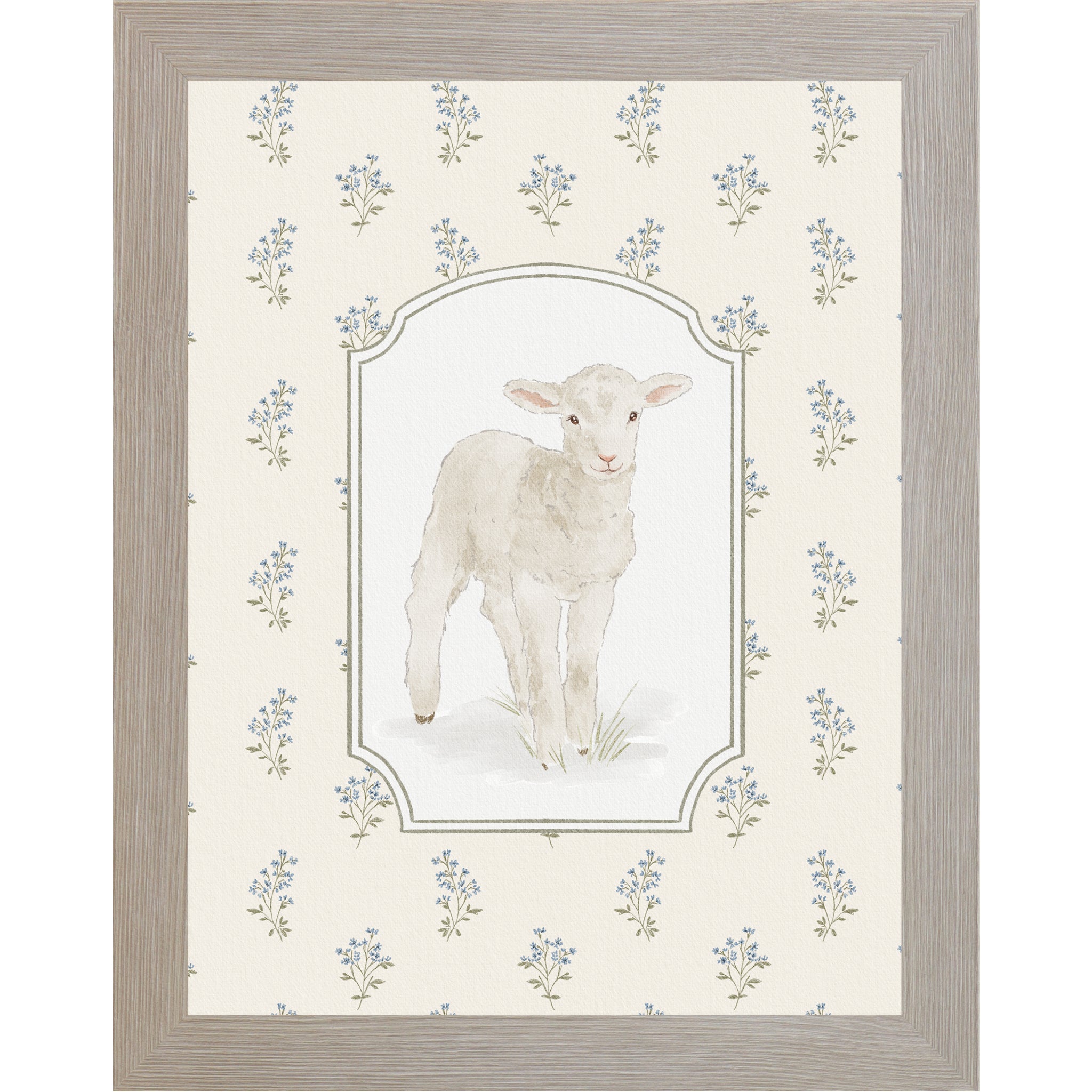 Vertical lamb wall art with soft blue florals on a neutral beige background in a framed Easter faith decor design.