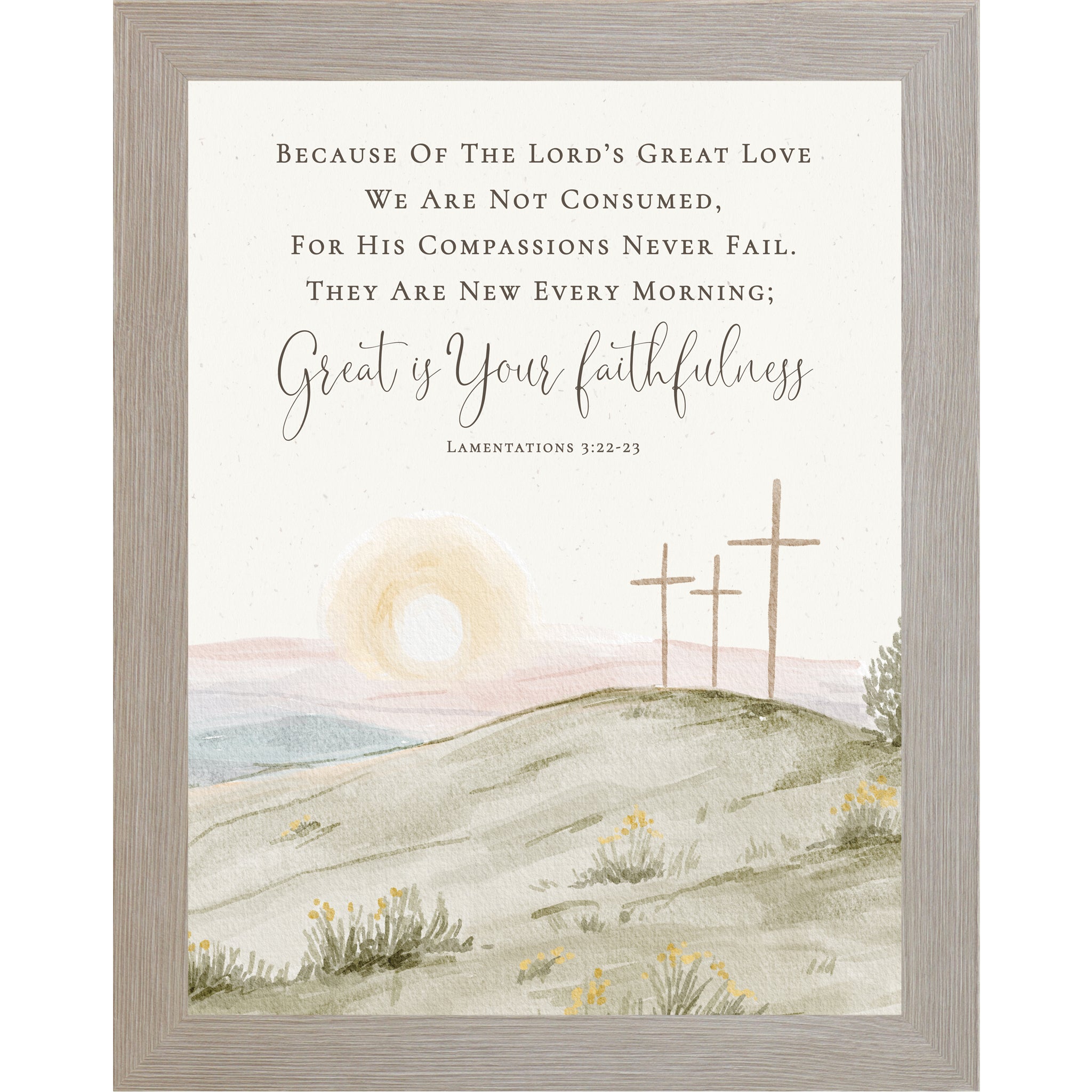 Vertical Lamentations 3:22-23 wall art featuring three crosses at sunrise with Great Is Your Faithfulness scripture on a neutral watercolor background.