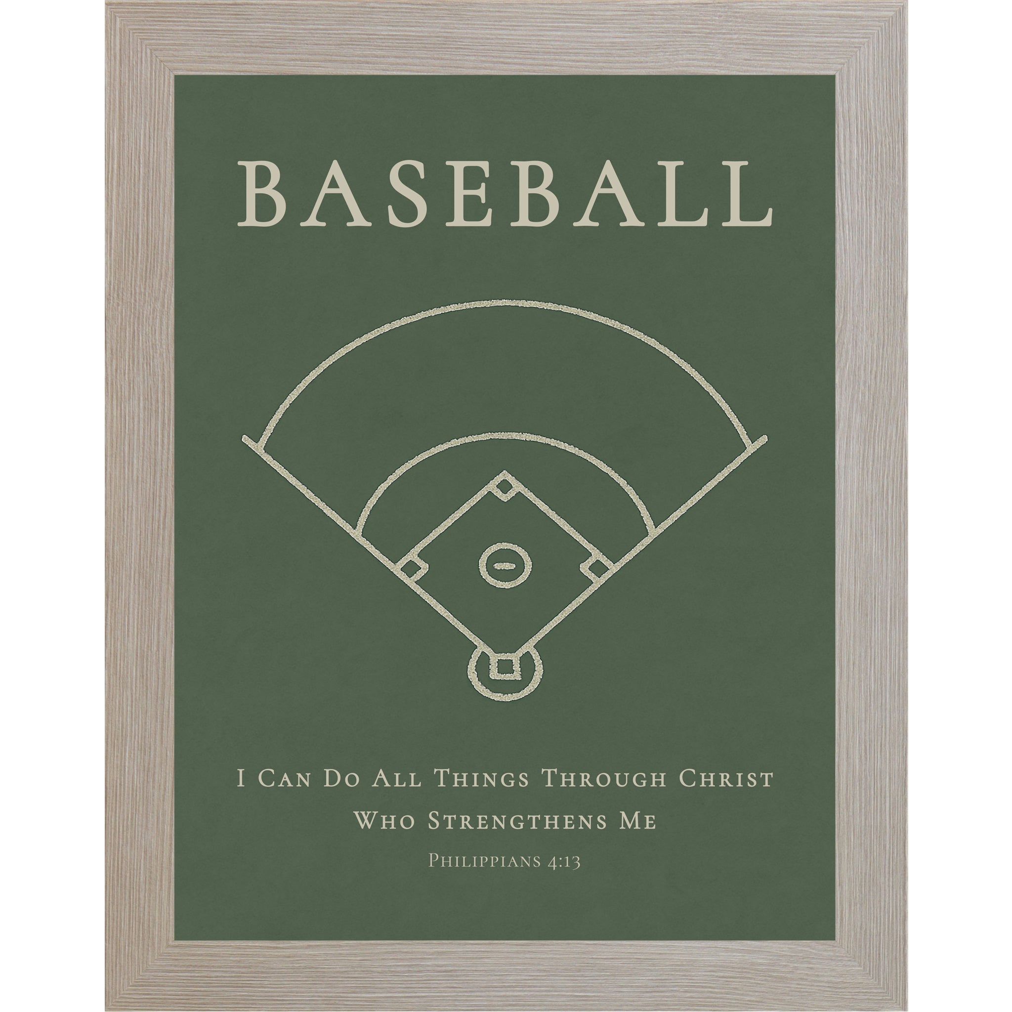 Monte Carlo color frame with Baseball themed Christian wall art featuring a baseball diamond illustration with the Bible verse Philippians 4:13 on a green background.