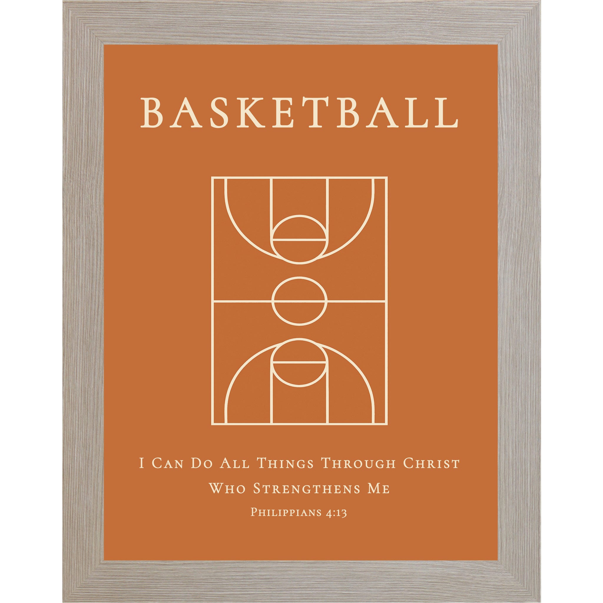 Monte Carlo Frame Color Christian basketball wall art featuring a basketball court diagram with the Bible verse Philippians 4:13 on an orange background.