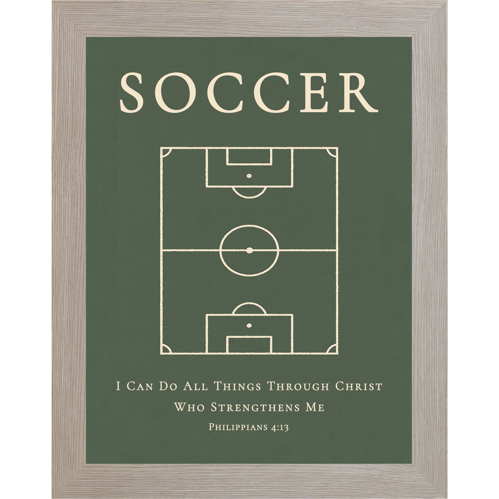 Monte Carlo Frame Colored Christian soccer wall art featuring a soccer field diagram with the Bible verse Philippians 4:13 on a green background.