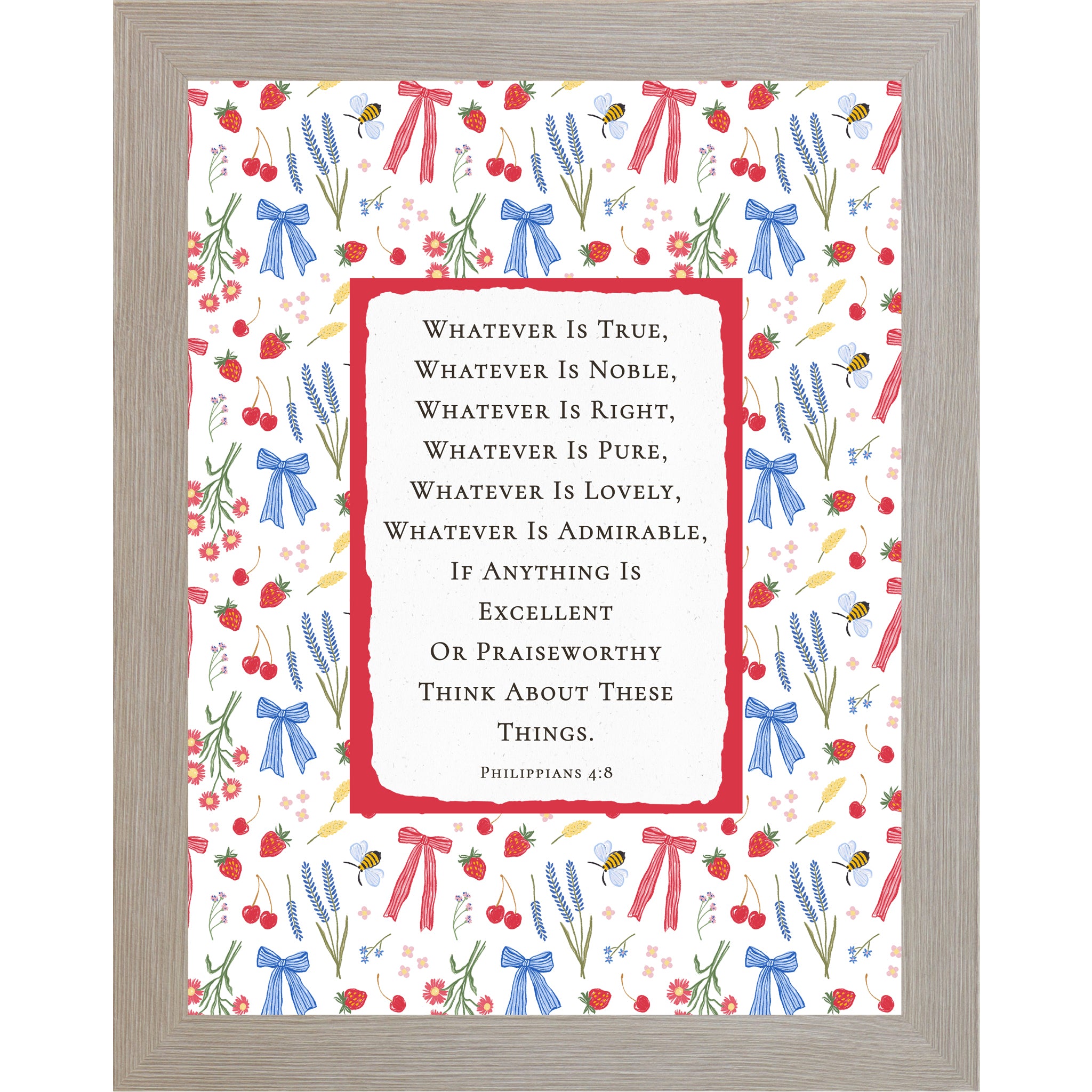 Monte Carlo frame color Philippians 4:8 Bible verse framed wall art featuring colorful bows, berries, florals, and bees around a red bordered scripture design, Christian inspirational decor.