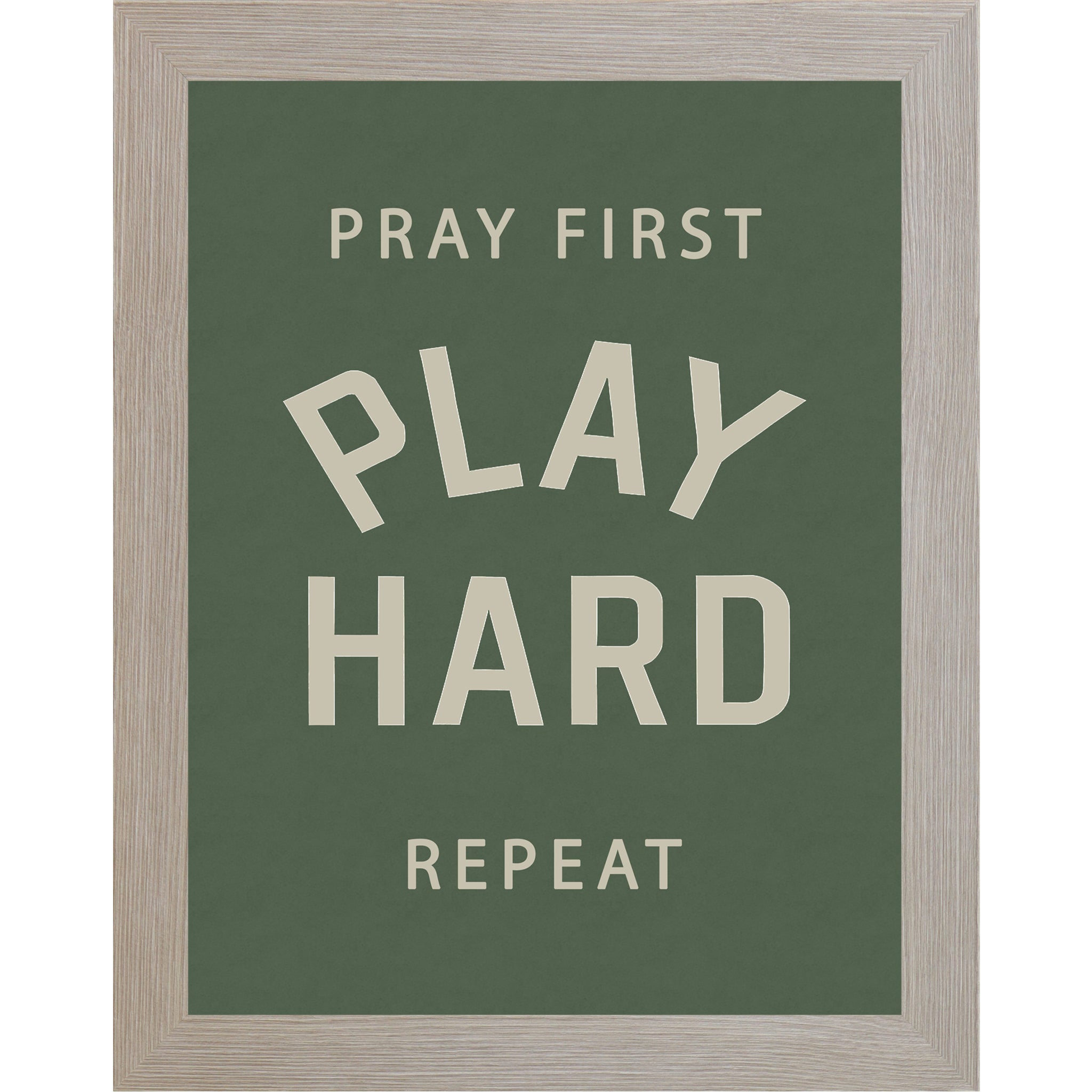 Monte Carlo frame color Framed motivational sports wall art with green background reading Pray First Play Hard Repeat for athlete bedroom decor and faith inspired sports spaces.