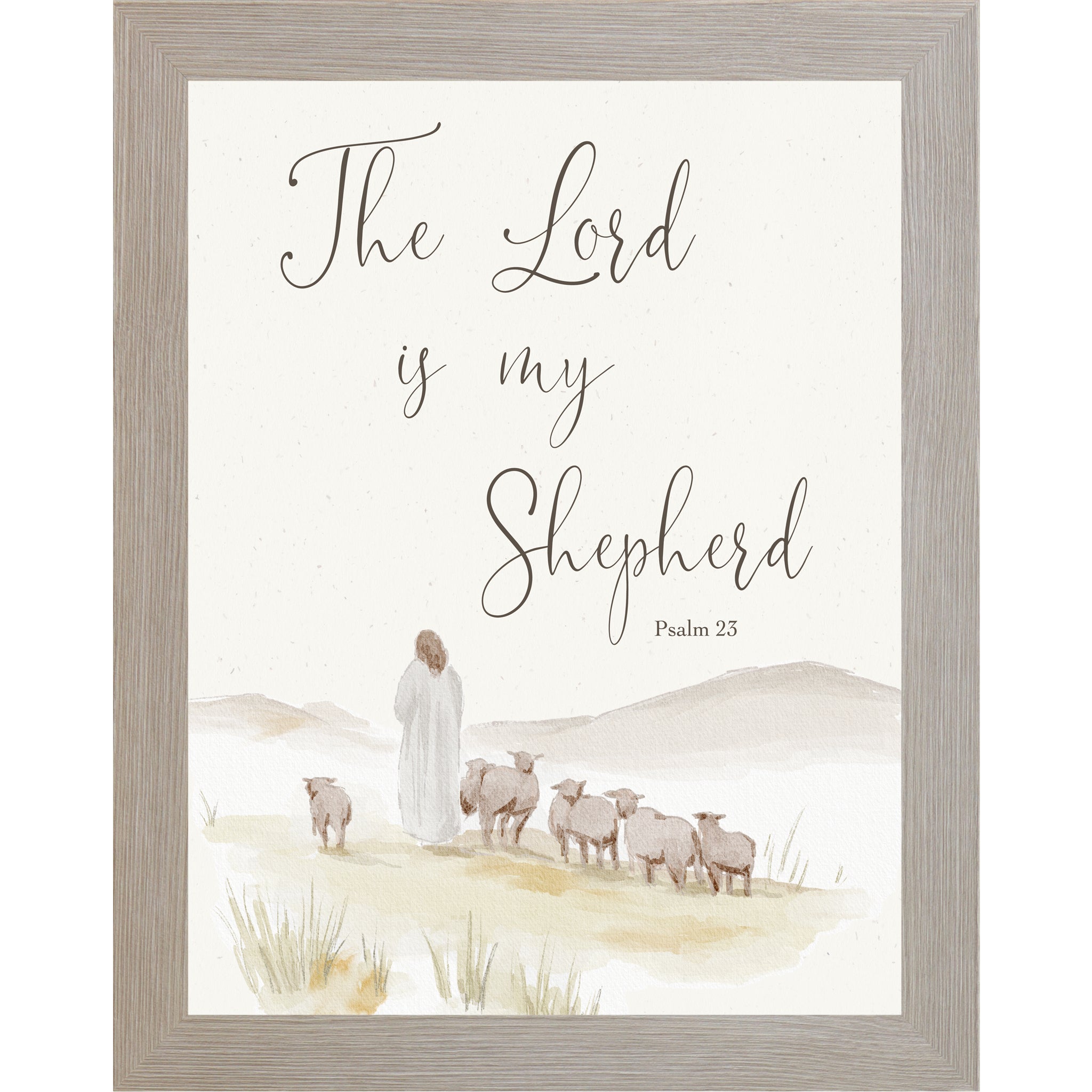 Vertical Psalm 23 wall art featuring The Lord Is My Shepherd verse above a watercolor shepherd and sheep landscape on a neutral background.