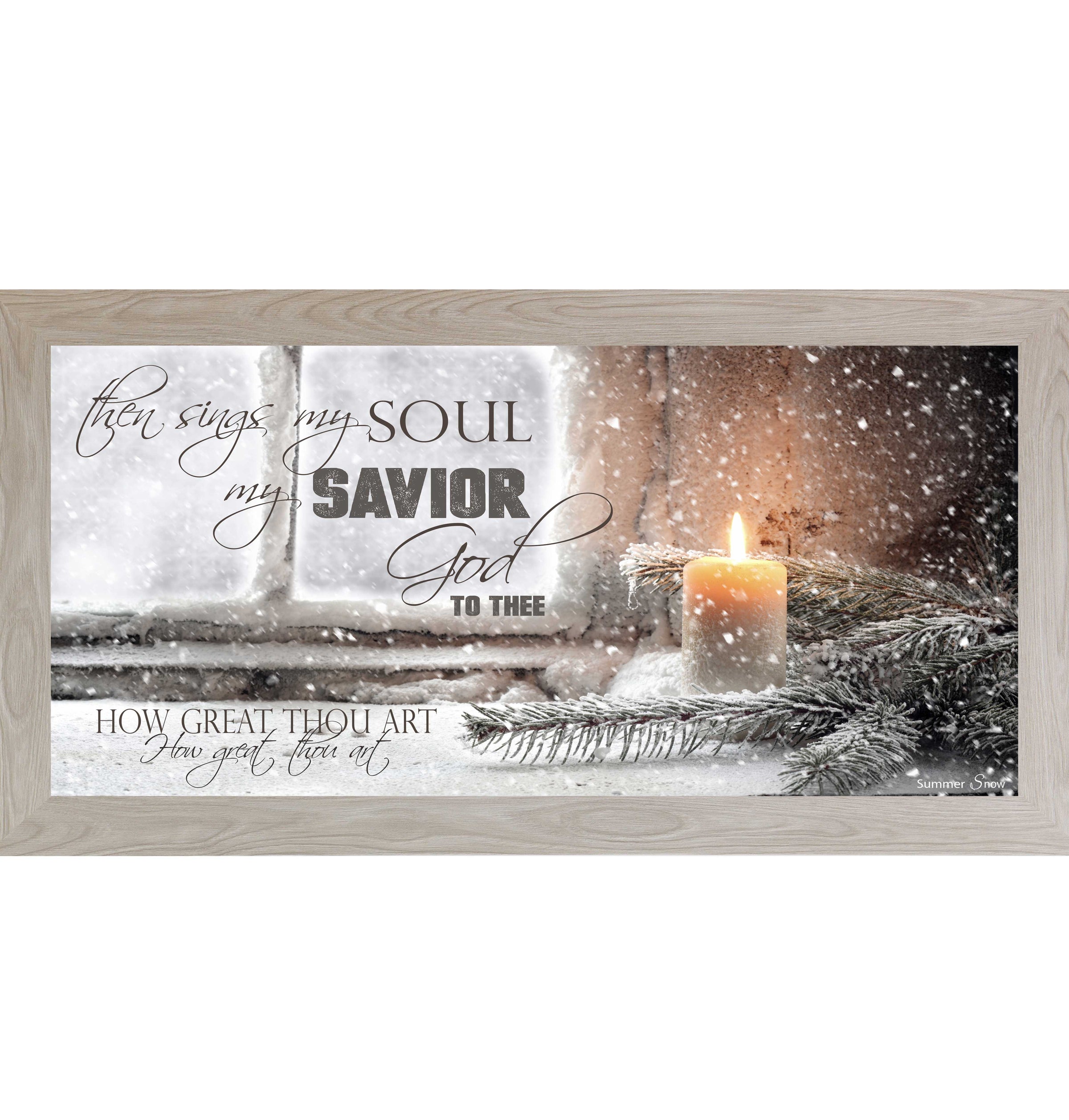 How Great Thou Art Christmas wall art featuring candle on snowy windowsill with evergreen branches and hymn lyric Then Sings My Soul in horizontal rustic frame