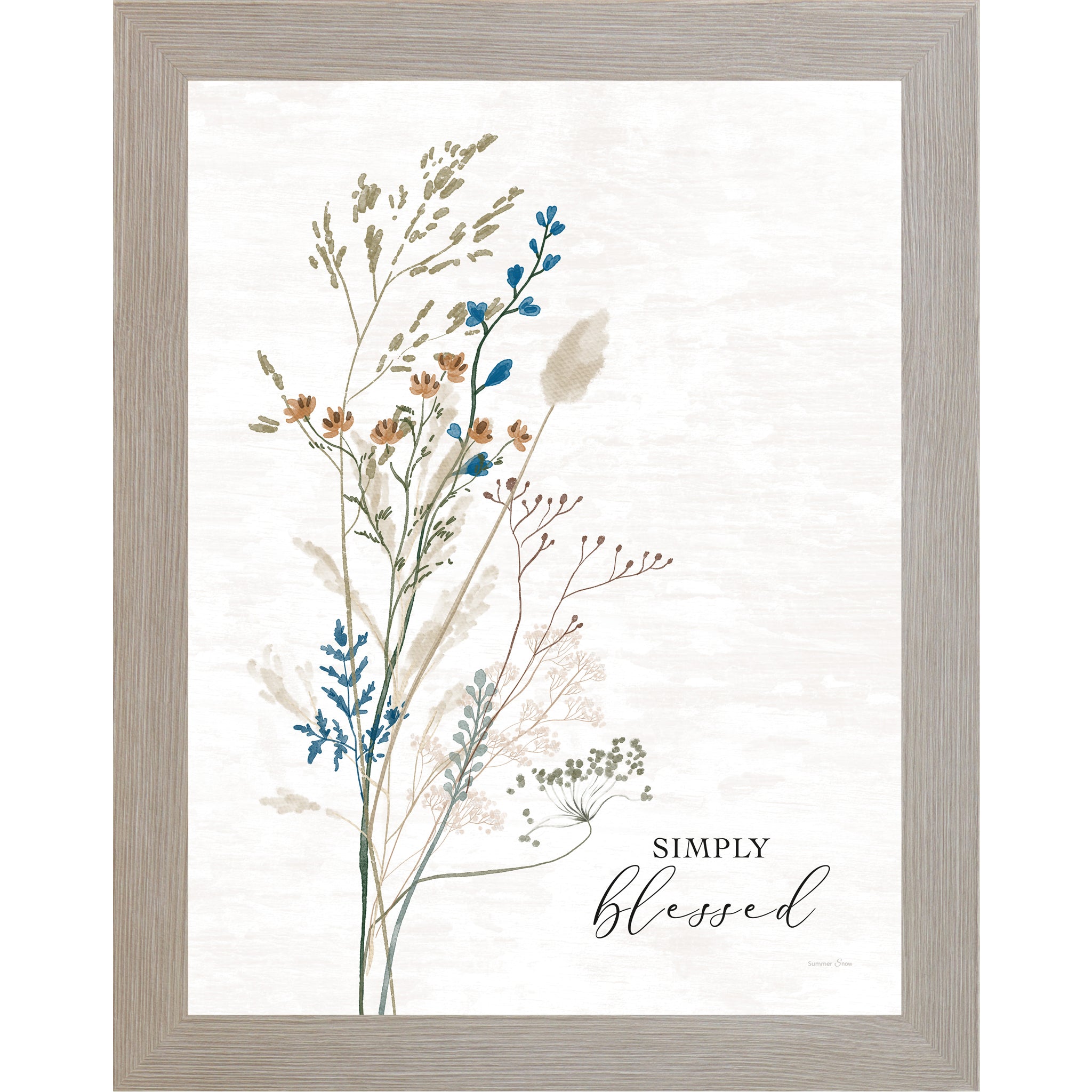 Monte Carlo framed portrait watercolor floral wall art with tall blue orange and brown stem on white textured background with the words "Simply Blessed"