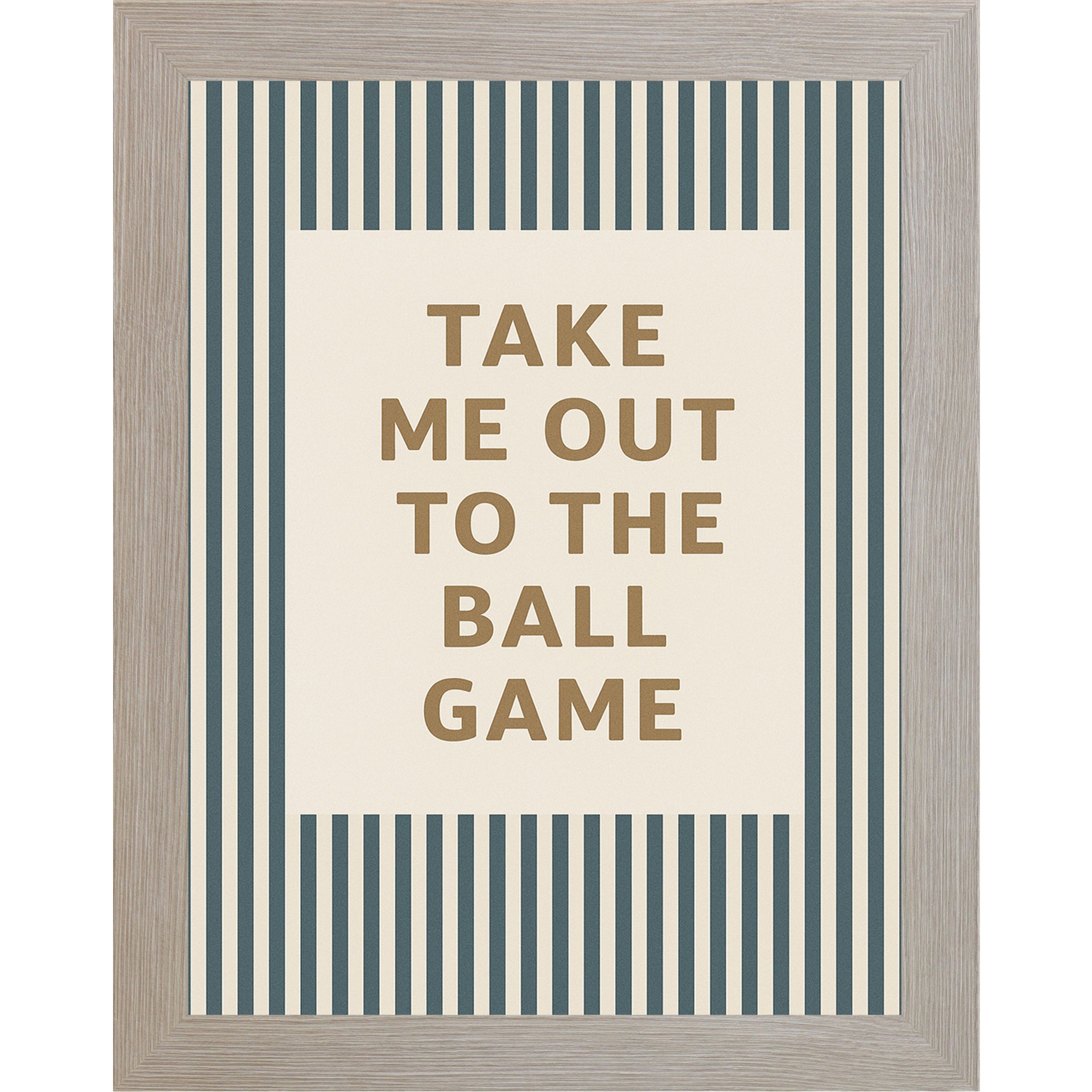 Monte Carlo frame color with Baseball themed framed wall art featuring the phrase “Take Me Out To The Ball Game” on an off white background with vintage teal baseball pinstripes.