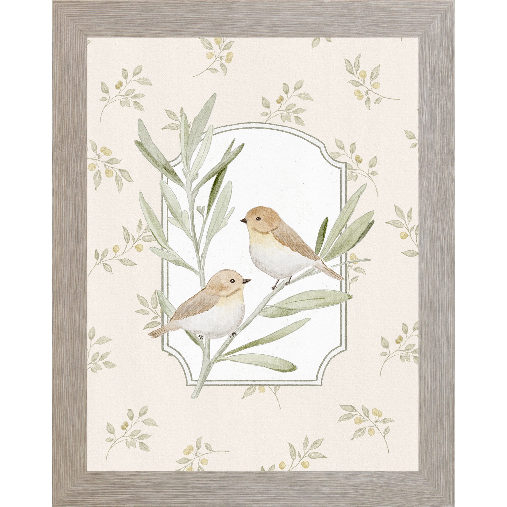 Monte Carlo Framed Vertical vintage bird wall art featuring two tan sparrows on leafy branches inside ornate frame panel with soft neutral floral background.
