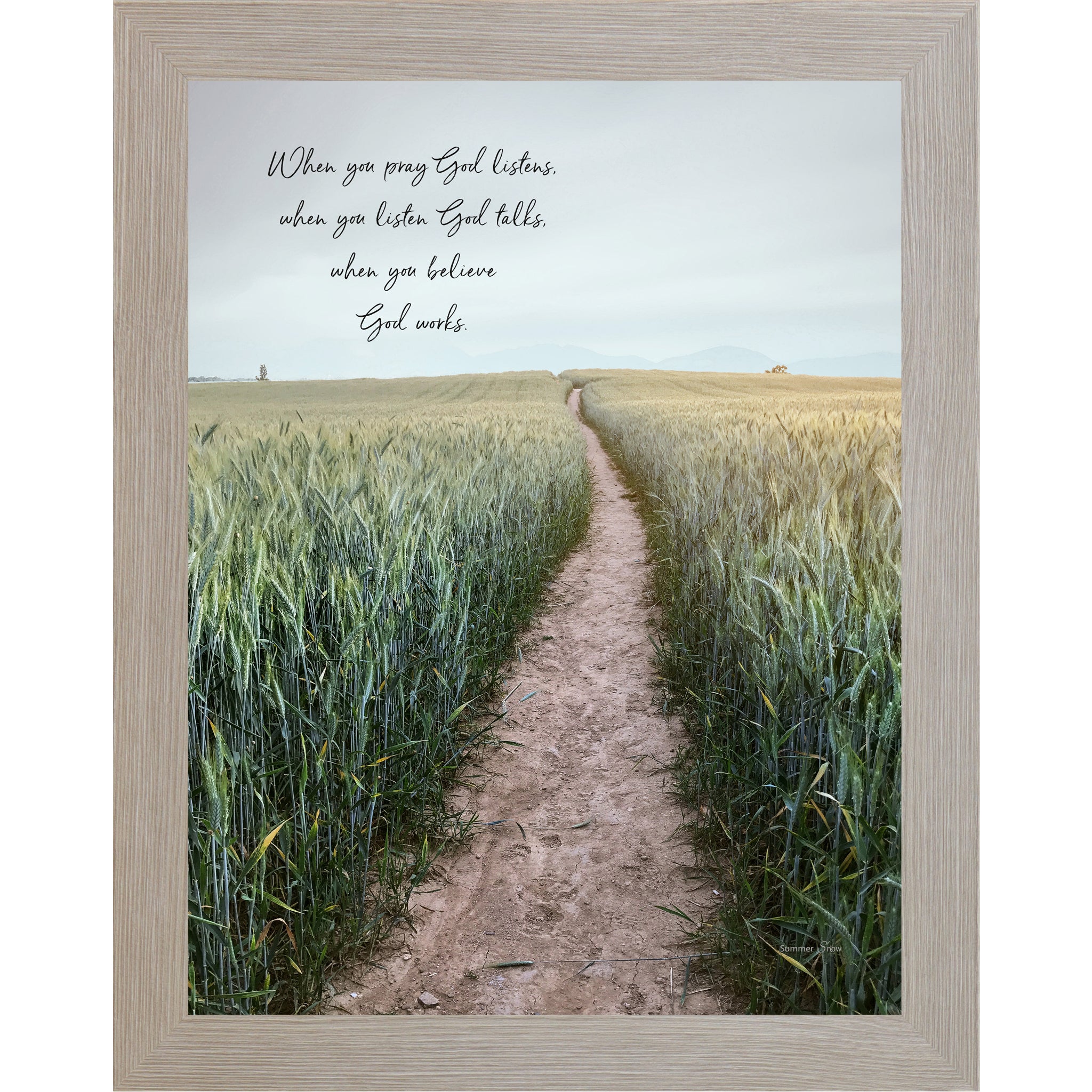 Monte Carlo framed portrait Christian faith wall art with realistic wheat field path at horizon and the quote "When You Pray God Listens When You Listen God Talks When You Believe God Works"