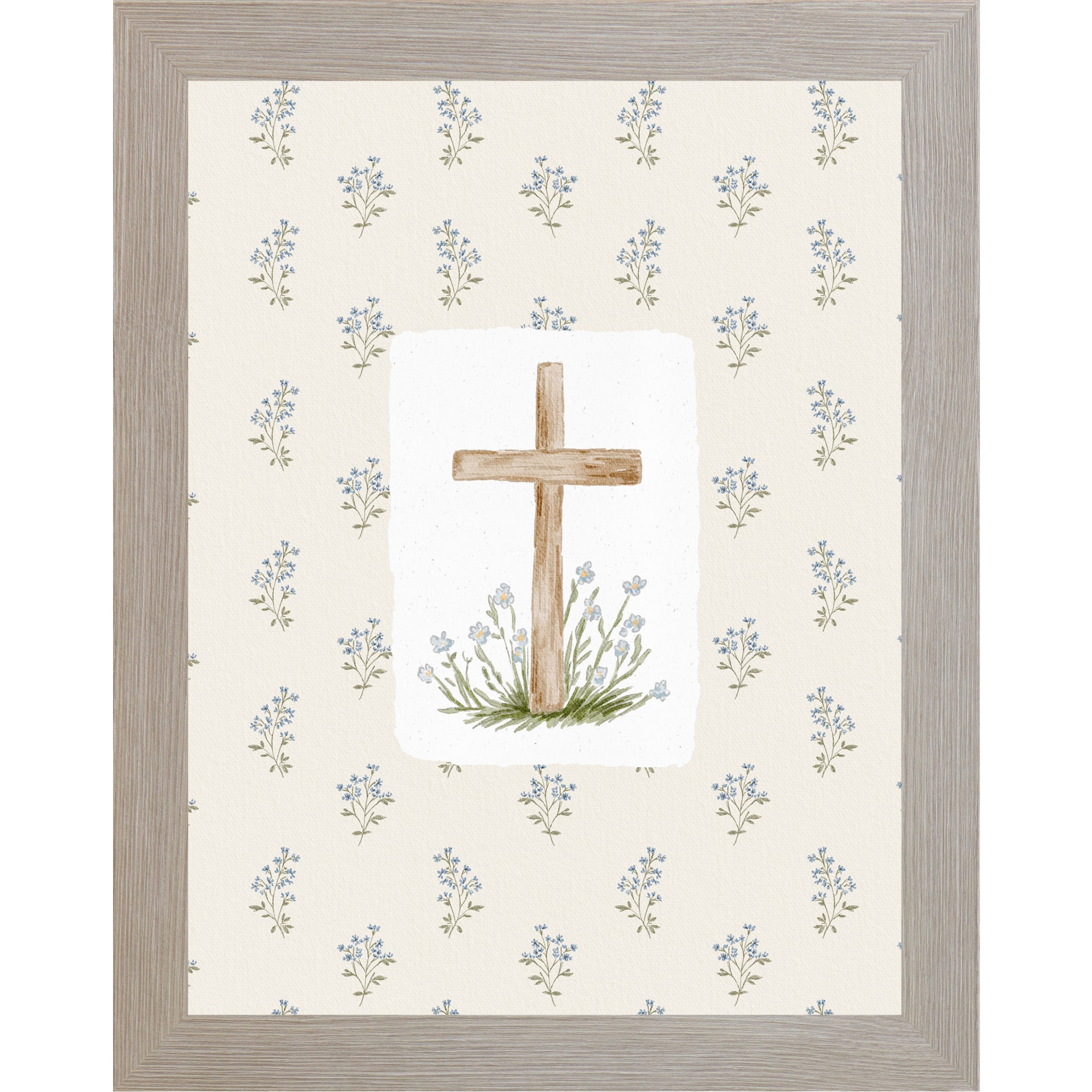 Vertical wooden cross wall art with soft blue florals on a neutral beige background in a framed Christian decor design.