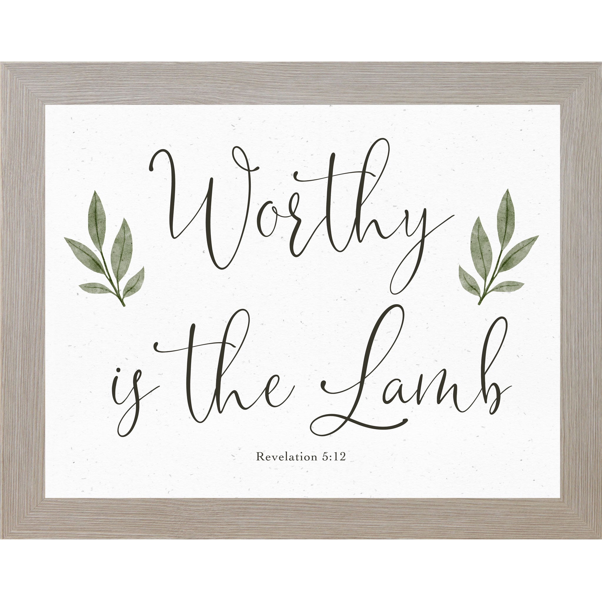 Horizontal Christian wall art featuring Worthy Is The Lamb Revelation 5:12 with green leaf accents on a neutral background.