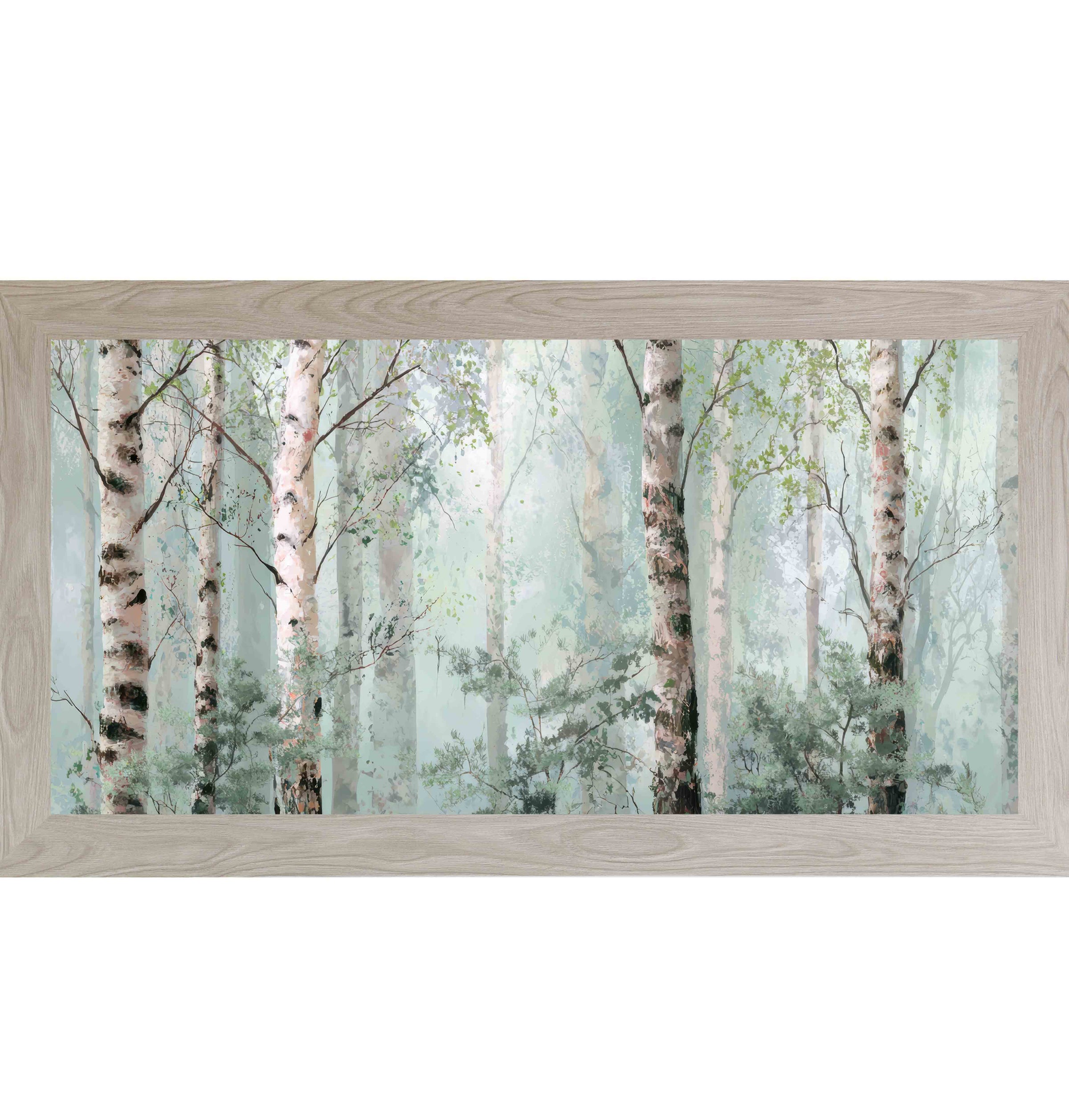 Monte Carlo framed wide landscape birch tree wall art featuring soft watercolor birch forest in sage green and ivory mist — Birch Forest Mist SB737