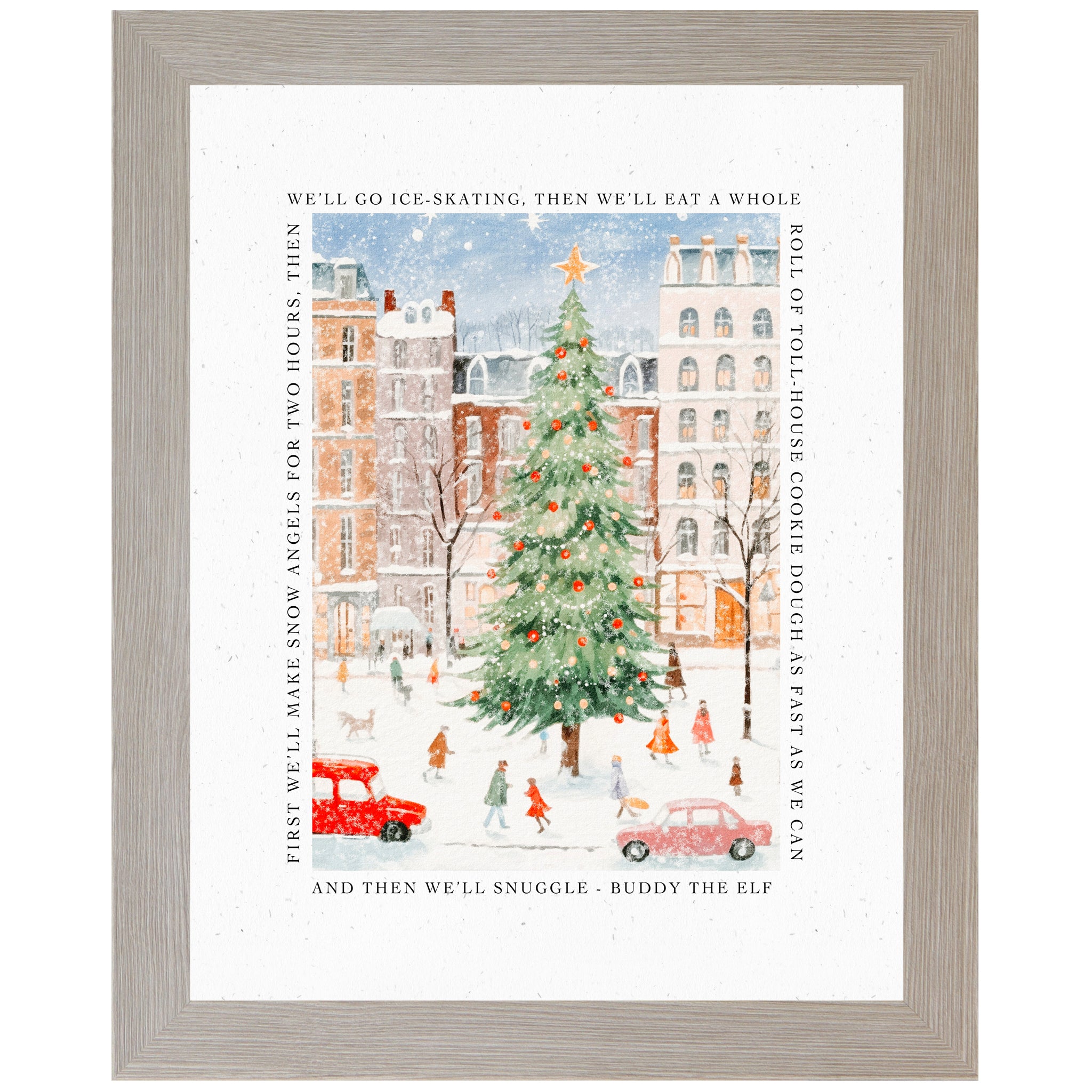 Monte Carlo framed portrait Christmas wall art with white matte border and Buddy the Elf snow angels quote surrounding a whimsical watercolor Christmas city scene with decorated evergreen tree