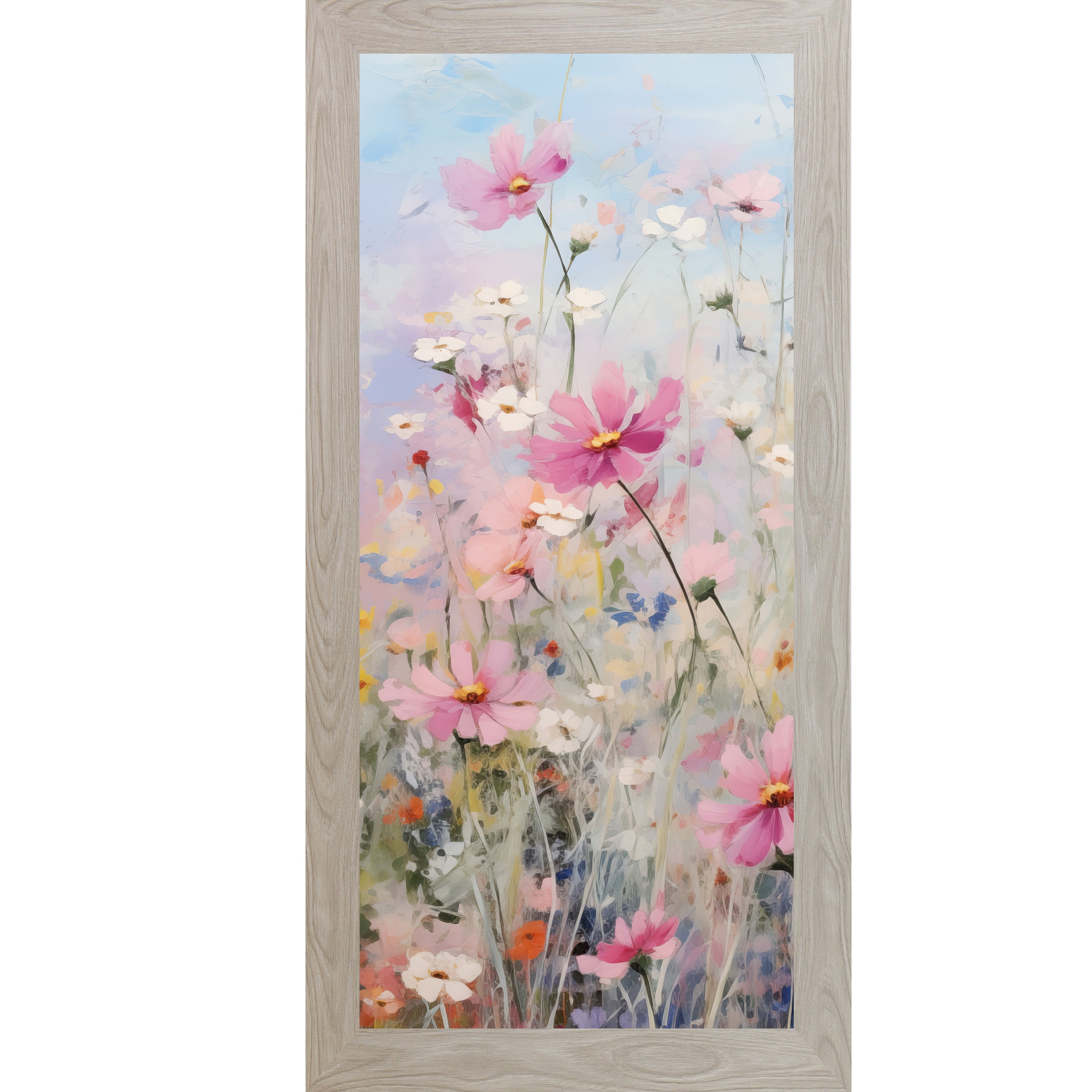 Monte Carlo framed tall portrait floral wall art featuring impressionist cosmos wildflowers in deep magenta pink white yellow and orange against a soft blue sky — Cosmos Meadow Left Panel SB728