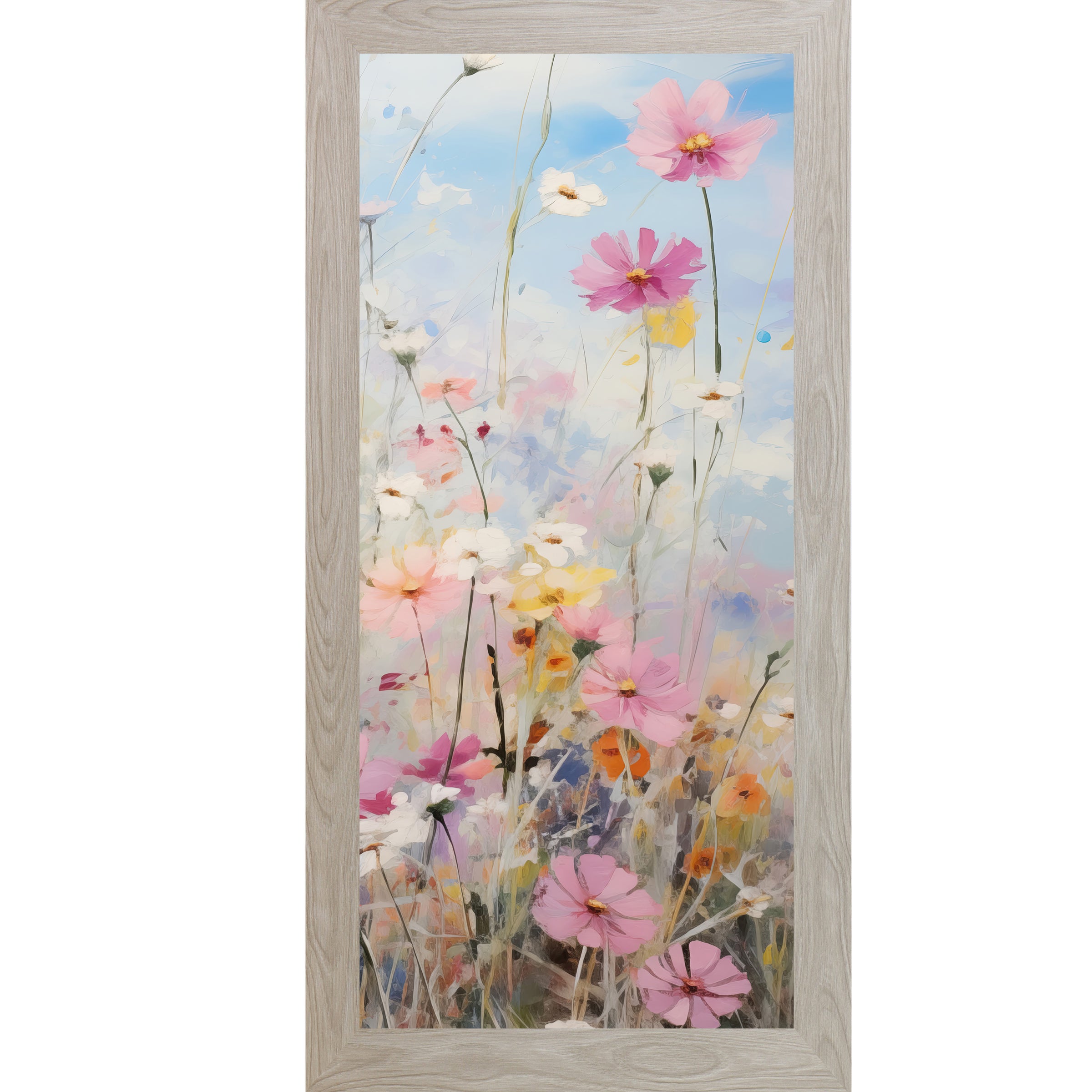 Monte Carlo framed tall portrait floral wall art featuring impressionist cosmos wildflowers in soft pink magenta white and yellow with blue lavender sky accents — Cosmos Meadow Right Panel SB729
