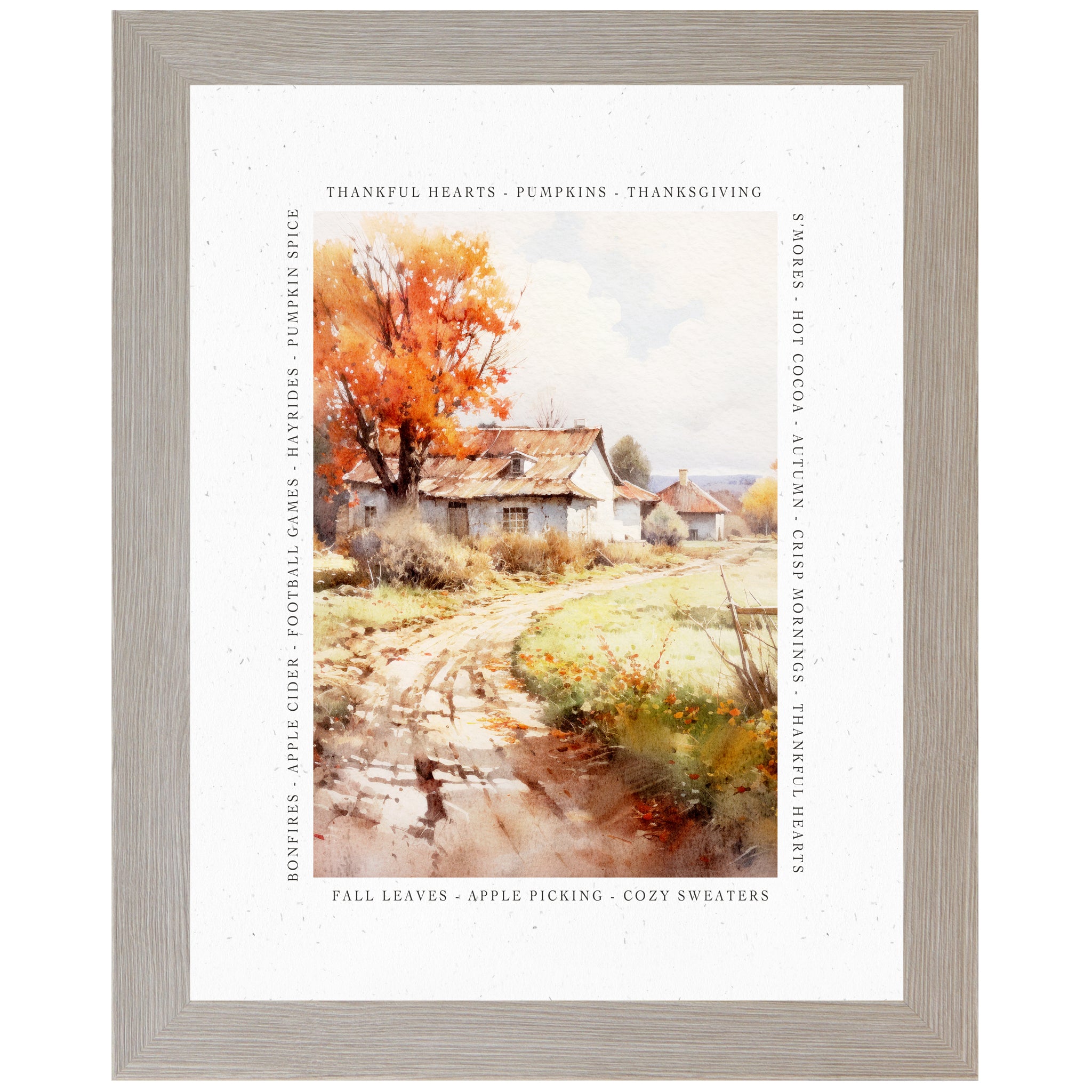 Monte Carlo framed portrait fall farmhouse wall art featuring watercolor country lane and autumn farmhouse with blazing orange maple tree surrounded by fall word border — Thankful Hearts Pumpkins Thanksgiving Bonfires Apple Cider Football Games Hayrides Pumpkin Spice Fall Leaves Apple Picking Cozy Sweaters — SN387