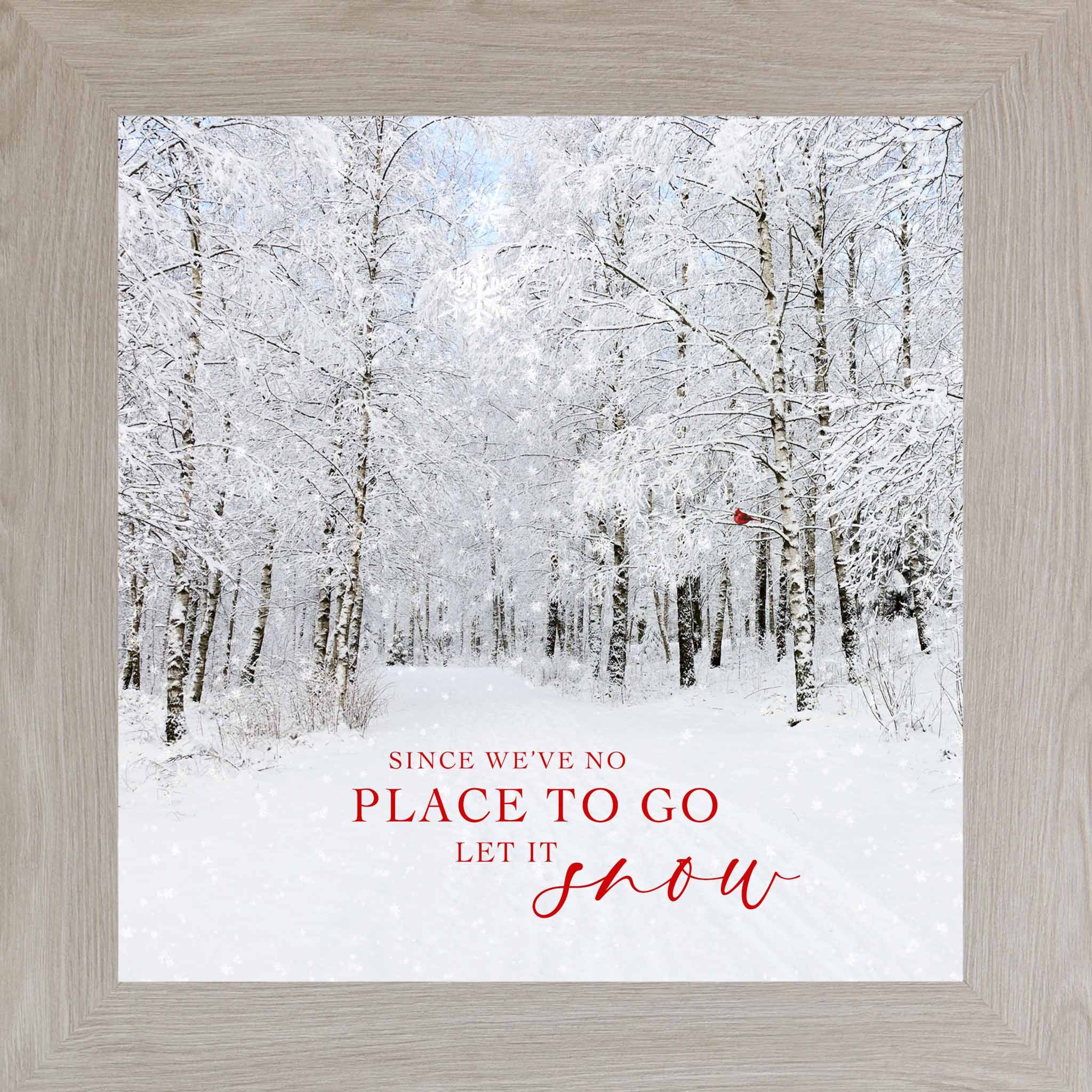 Winter snowy forest wall art with red cardinal in birch trees and red Let It Snow lyrics, square framed Christmas winter decor by Summer Snow