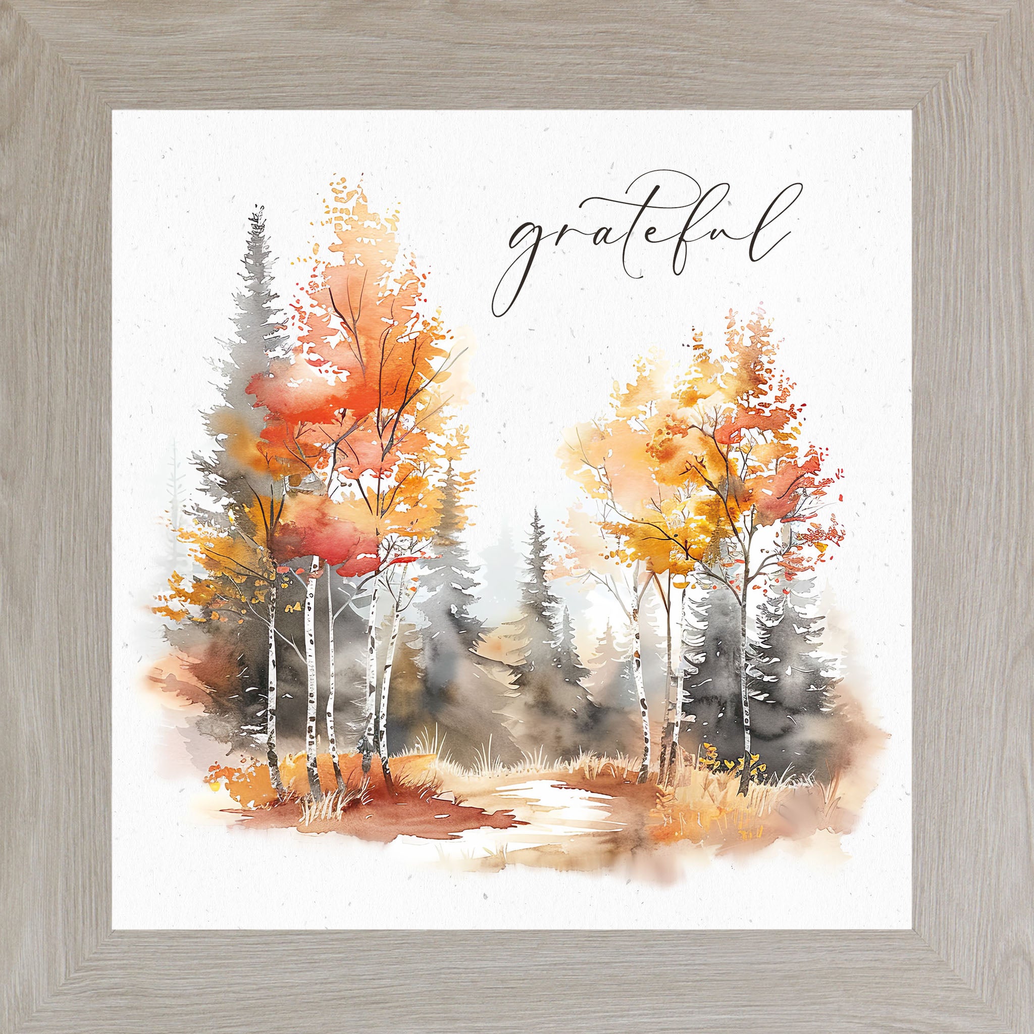 Monte Carlo framed square fall wall art featuring watercolor autumn birch pine and deciduous forest in vivid red orange and gold tones with elegant script word Grateful on soft white background — SN171