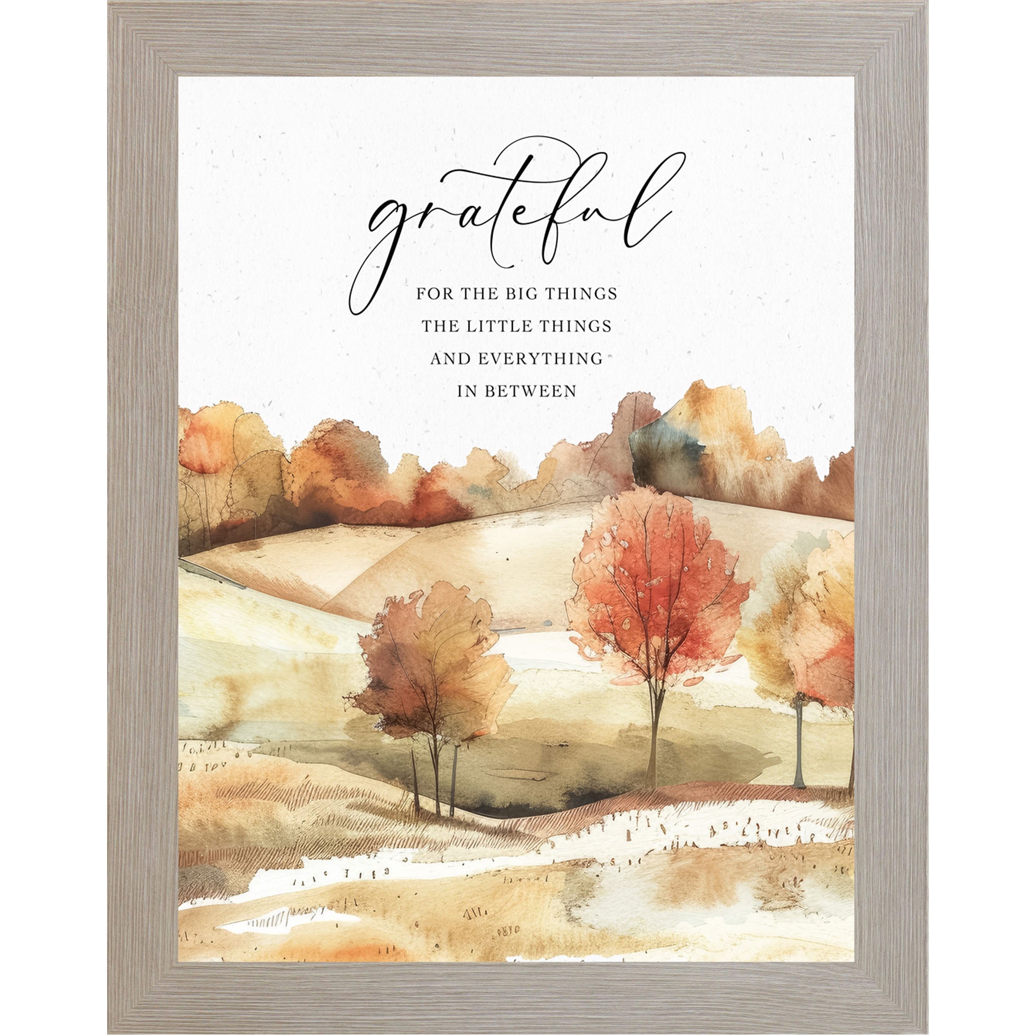 Monte Carlo framed square fall wall art featuring watercolor rolling autumn hills with vivid red orange and gold trees and the words Grateful for the Big Things the Little Things and Everything in Between — NS361