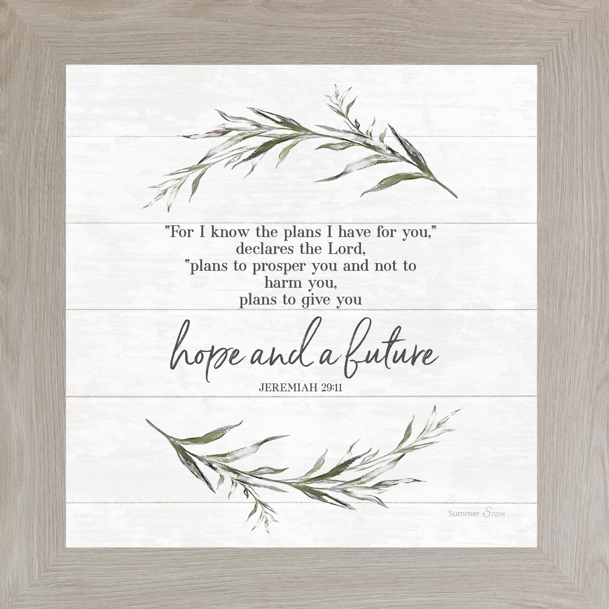 Monte Carlo framed square Christian scripture wall art on shiplap white background with watercolor eucalyptus branches and full Jeremiah 29:11 verse ending in hope and a future — SS911