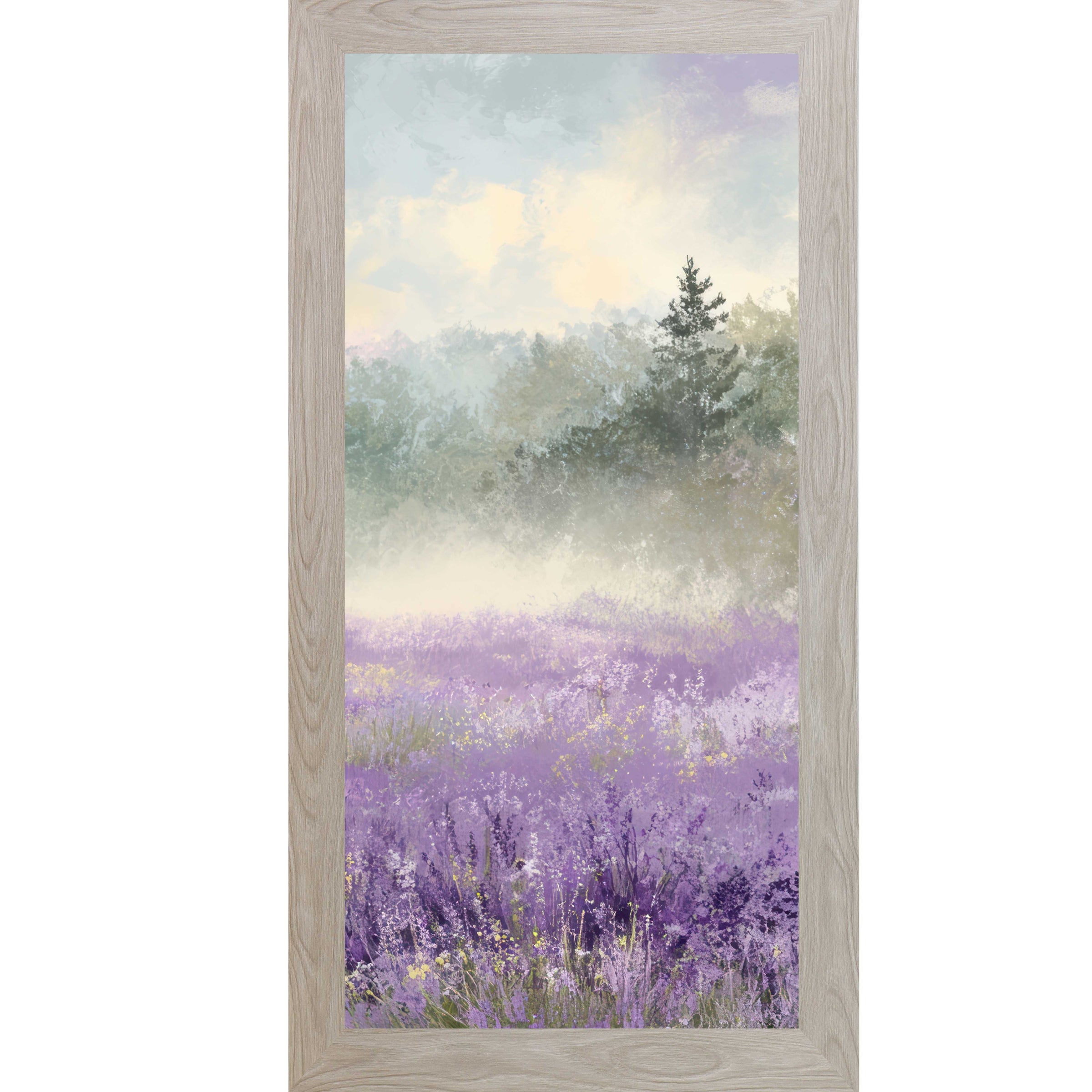 Monte Carlo framed tall portrait floral wall art featuring a misty lavender wildflower field with a single dark evergreen tree upper right and warm golden light breaking through a soft blue sky — Lavender Field Right Panel SB747