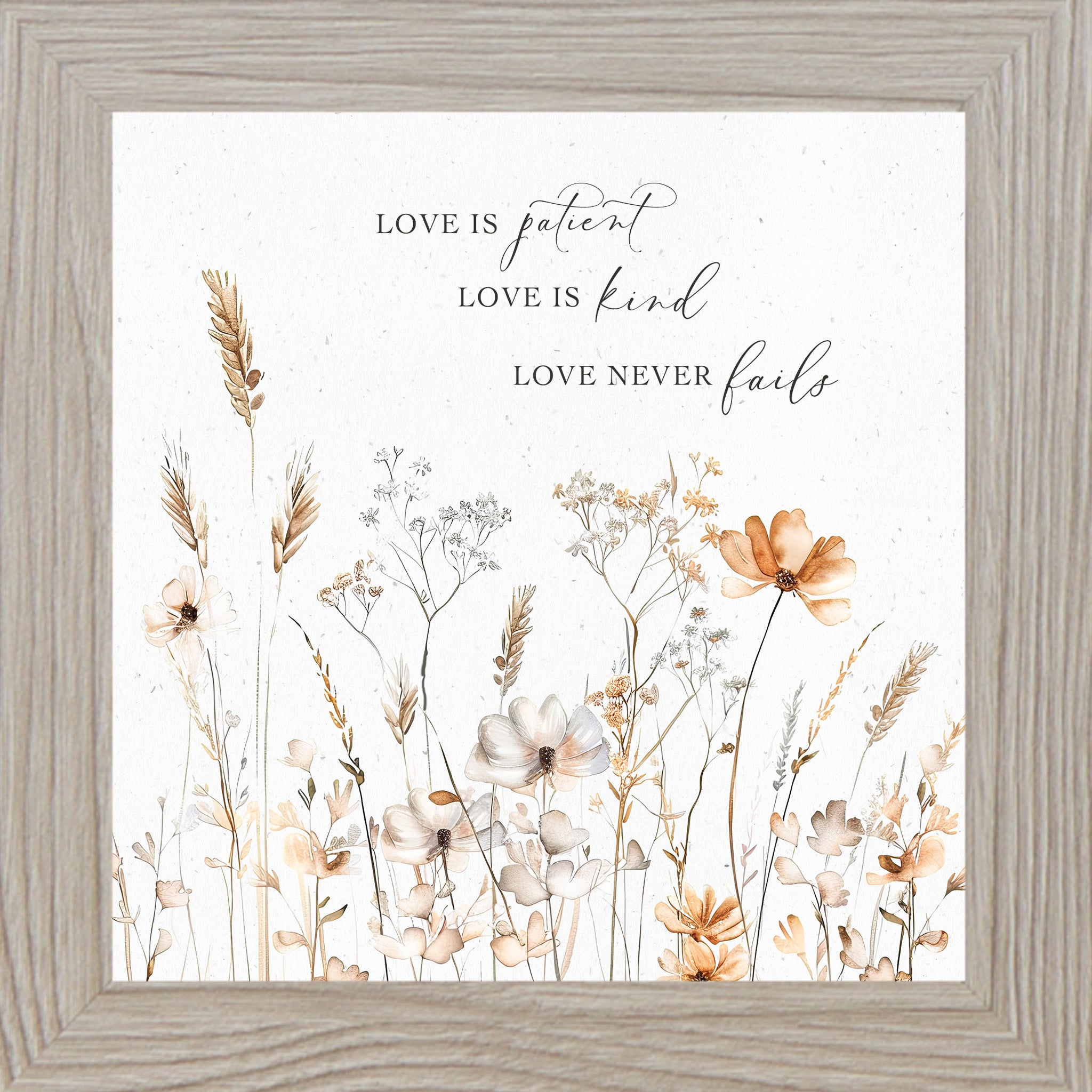 Monte Carlo framed square pastel floral wall art on white background with petite watercolor peach and white flowers and the quote "Love is Patient Love is Kind Love Never Fails"