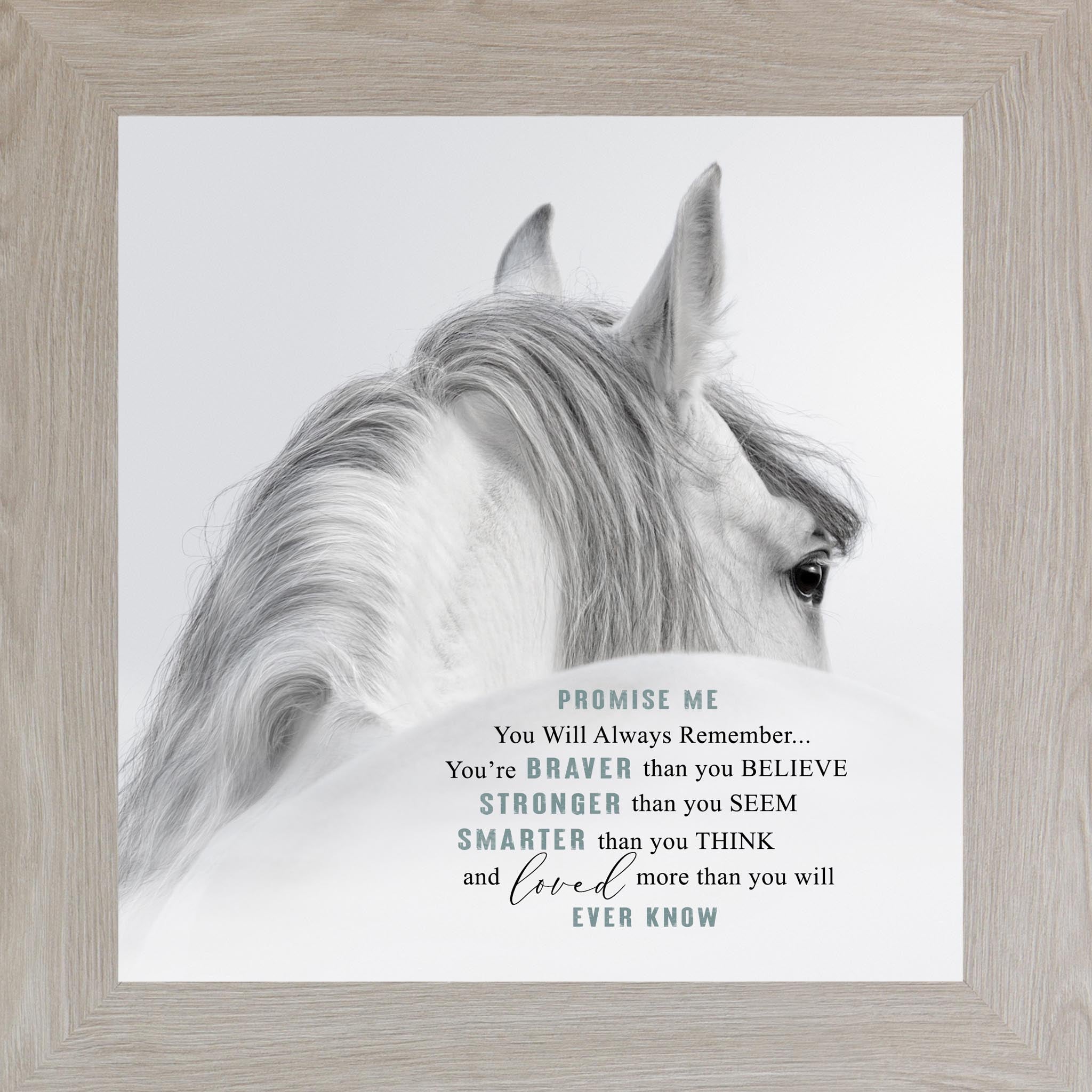 Monte Carlo framed square white horse inspirational wall art with the quote "Promise Me You'll Always Remember You're Braver Than You Believe Stronger Than You Seem"