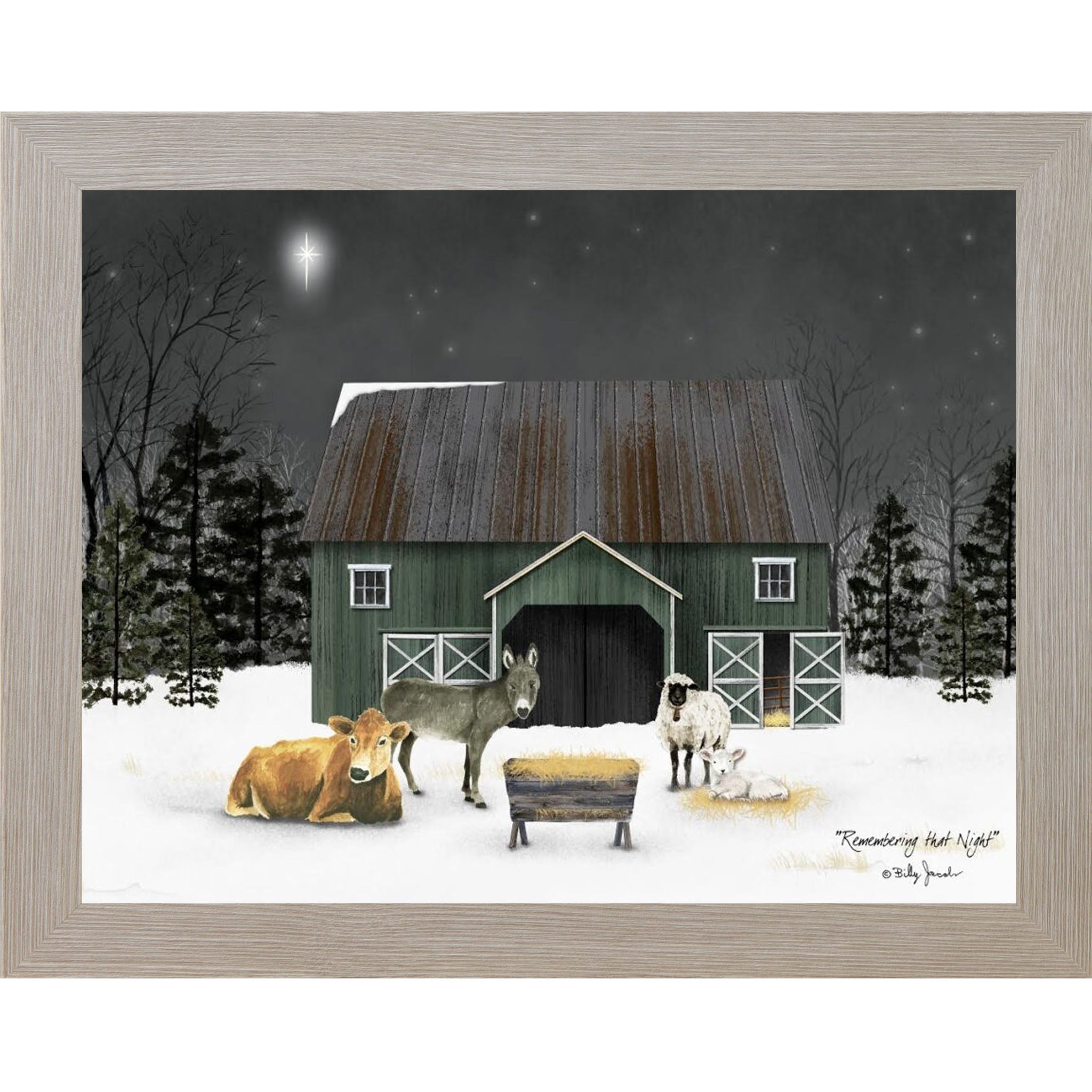 Monte Carlo framed landscape Billy Jacobs wall art print of a green barn on a snowy Christmas night with a cow, donkey, and sheep gathered under a brilliant star titled "Remembering That Night"