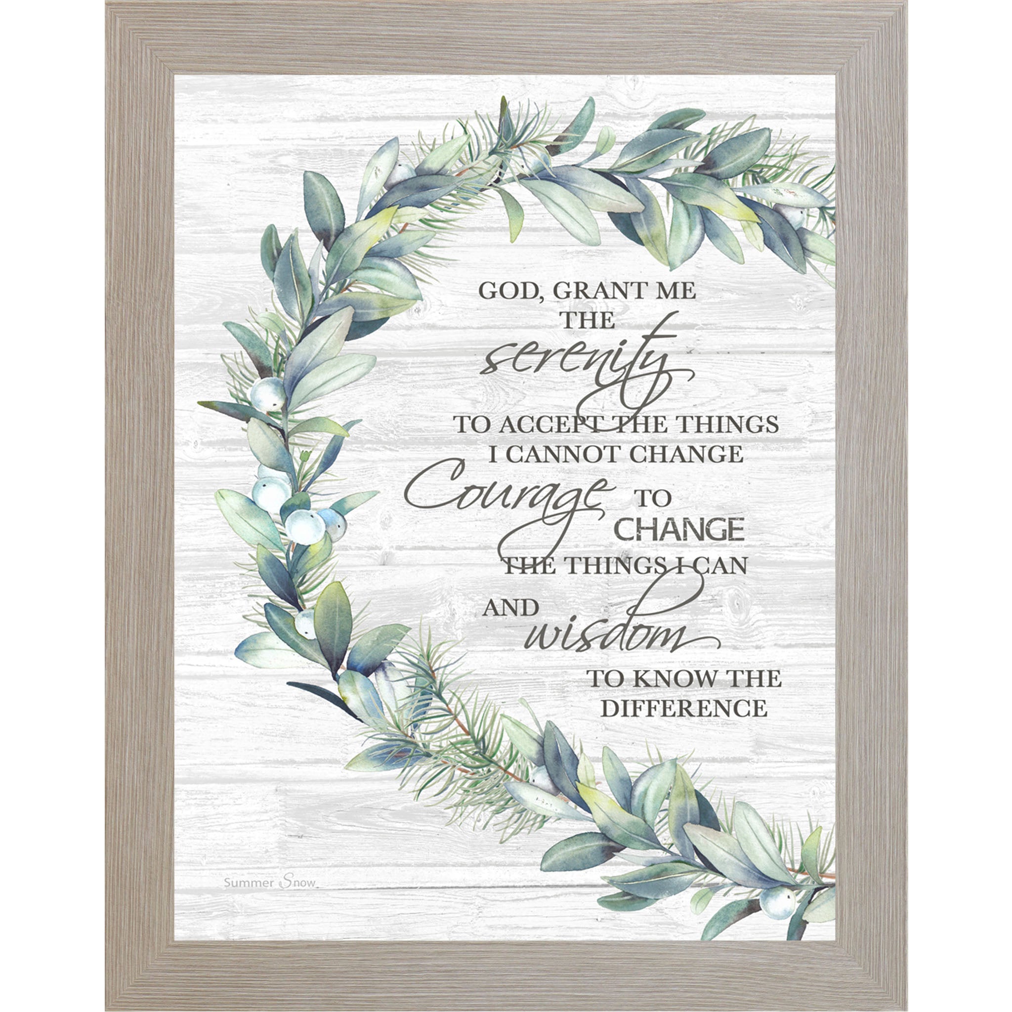 Monte Carlo framed portrait Serenity Prayer wall art with lush green eucalyptus botanical wreath on white woodgrain background with the words "God Grant Me the Serenity to Accept the Things I Cannot Change"