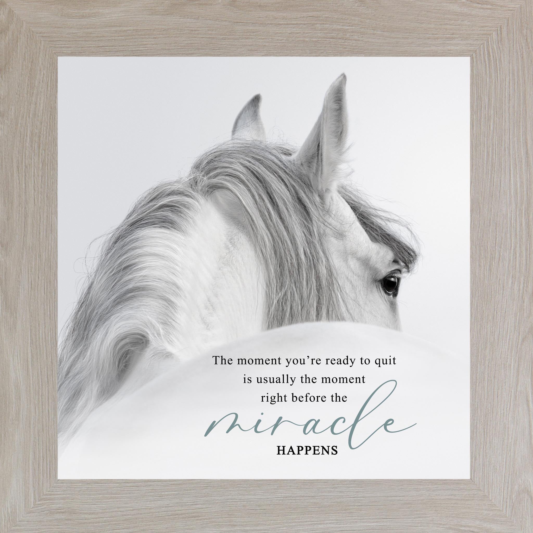 Monte Carlo framed square white horse inspirational wall art with the quote "The Moment You're Ready to Quit Is Usually the Moment Right Before the Miracle Happens"