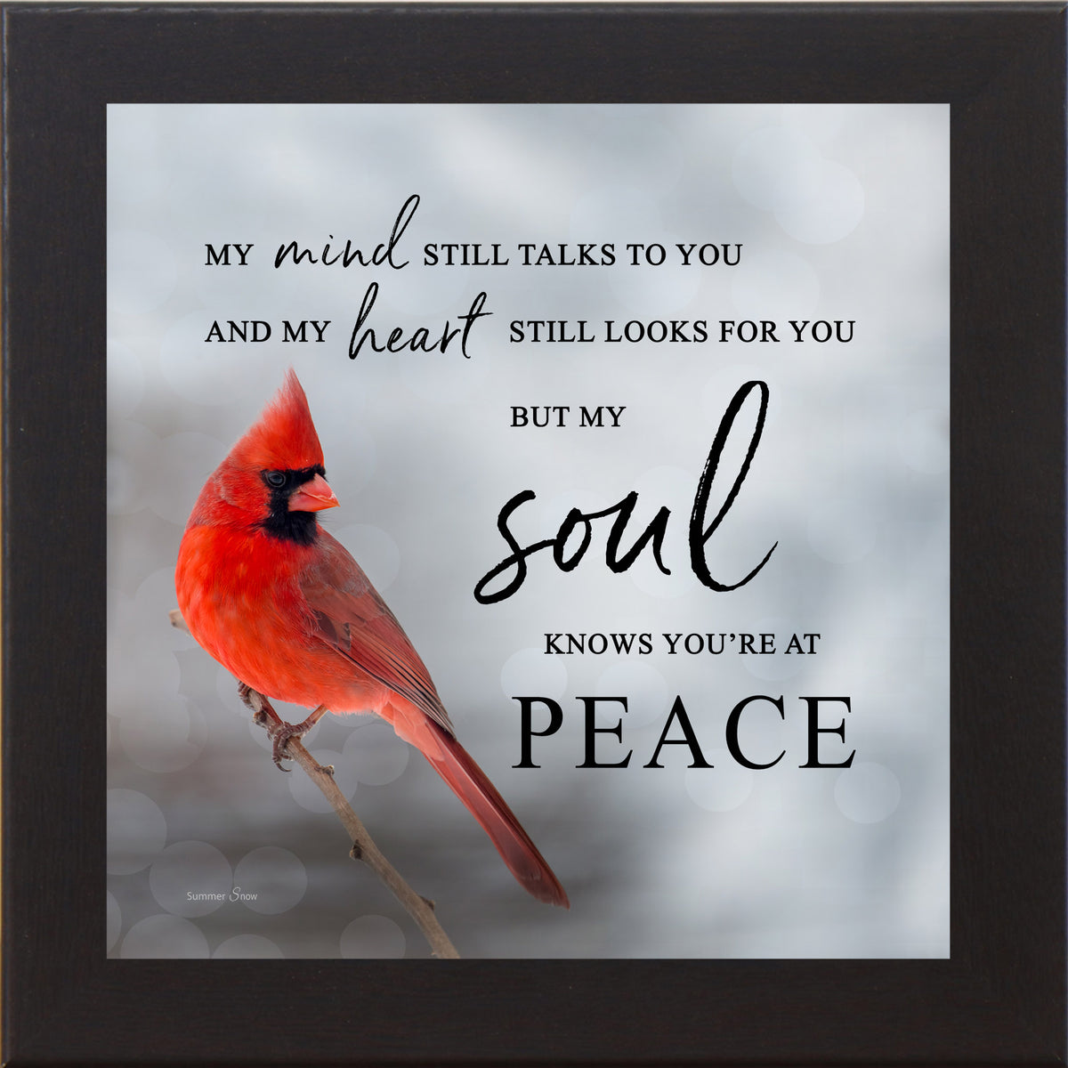 Cardinal sympathy framed wall art featuring a red cardinal on a branch with the quote “My soul knows you’re at peace” on a soft blue gray background